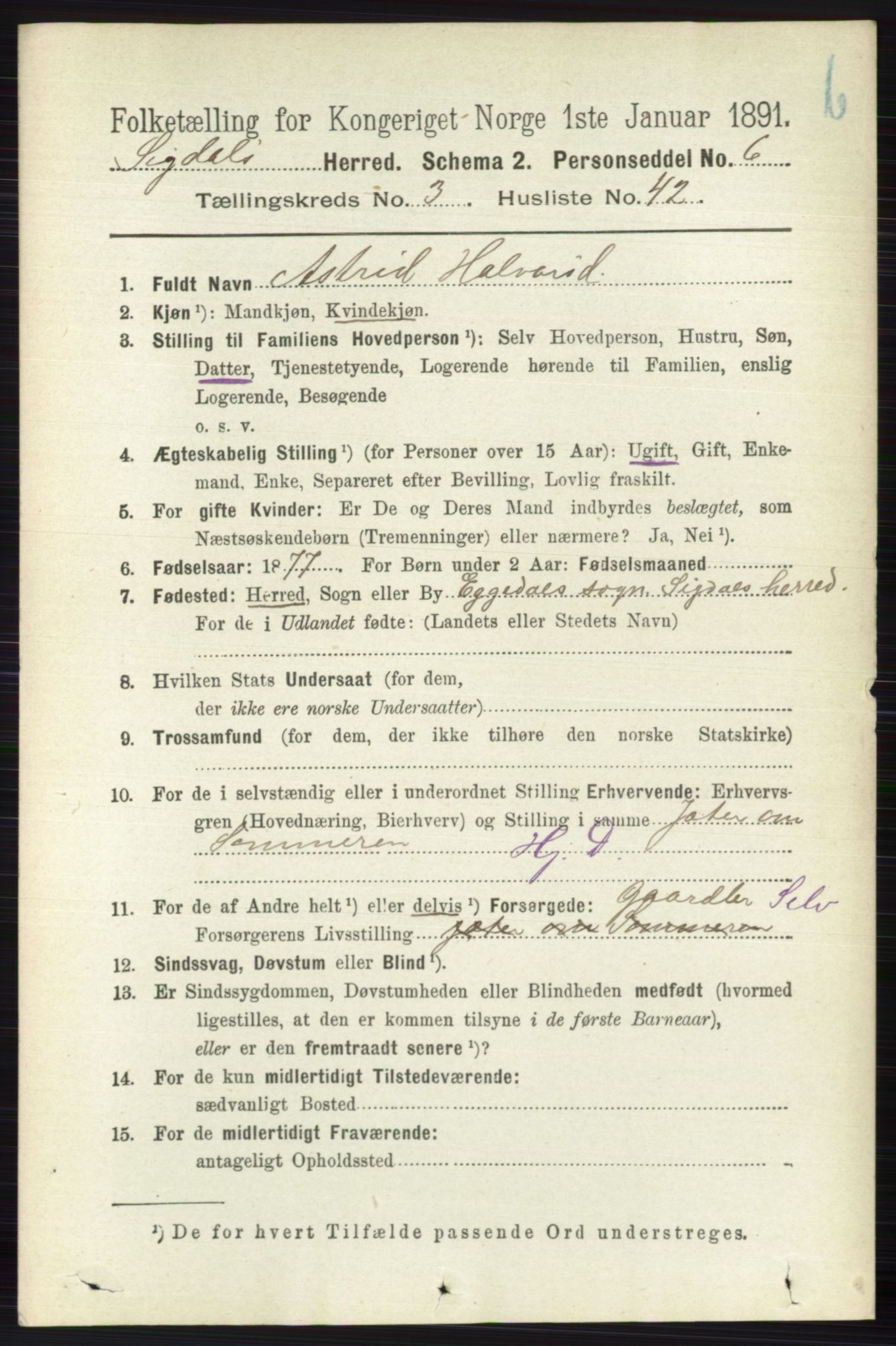 RA, 1891 census for 0621 Sigdal, 1891, p. 4544