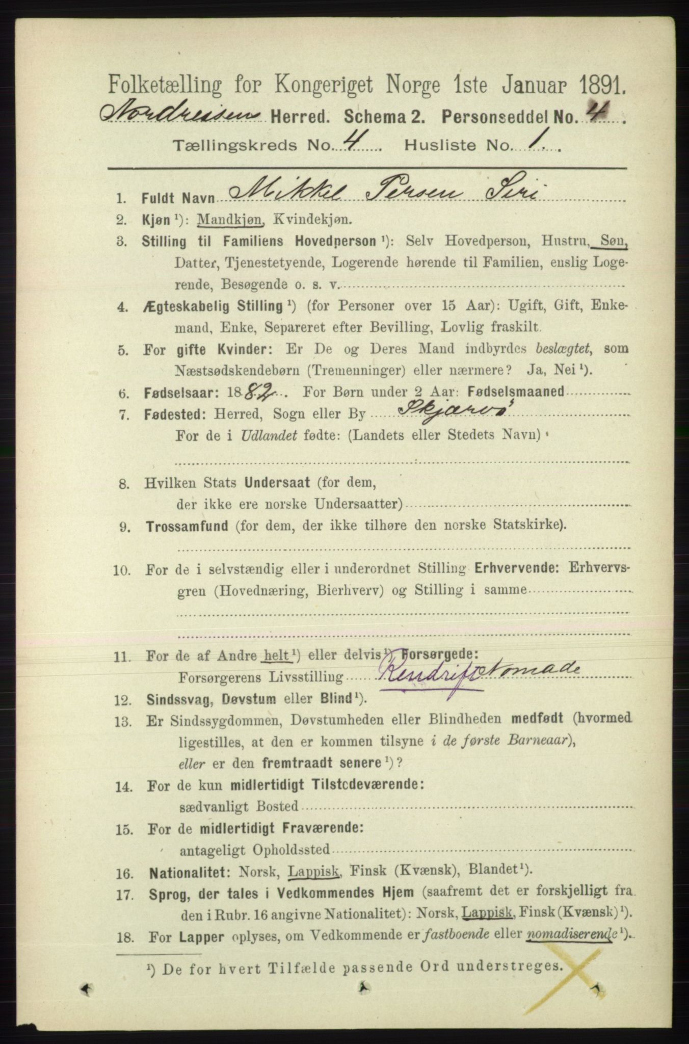 RA, 1891 census for 1942 Nordreisa, 1891, p. 1534