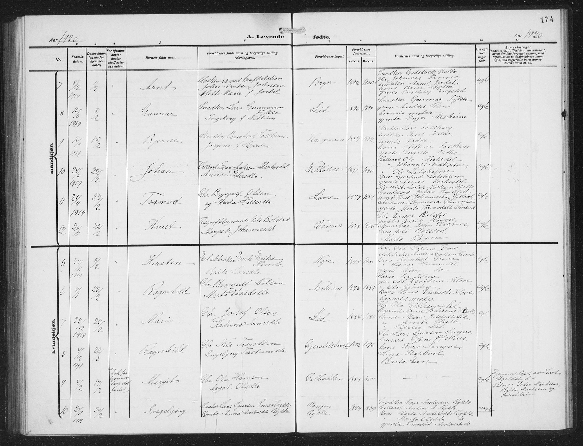 Voss sokneprestembete, SAB/A-79001/H/Hab: Parish register (copy) no. C 3, 1909-1920, p. 174