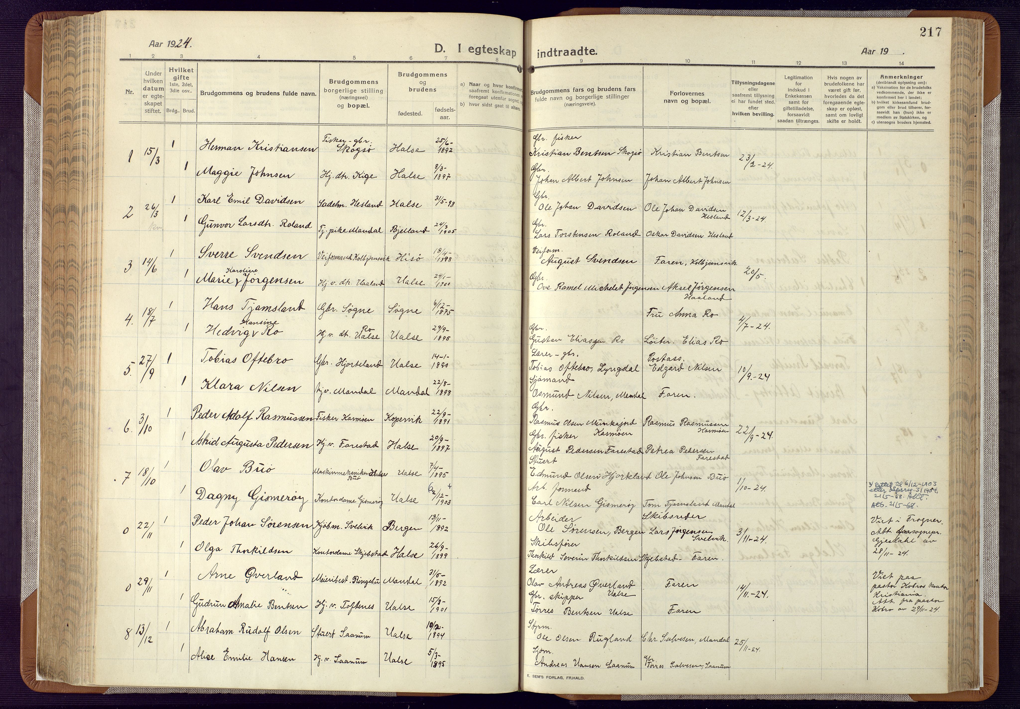 Mandal sokneprestkontor, SAK/1111-0030/F/Fa/Faa/L0022: Parish register (official) no. A 22, 1913-1925, p. 217