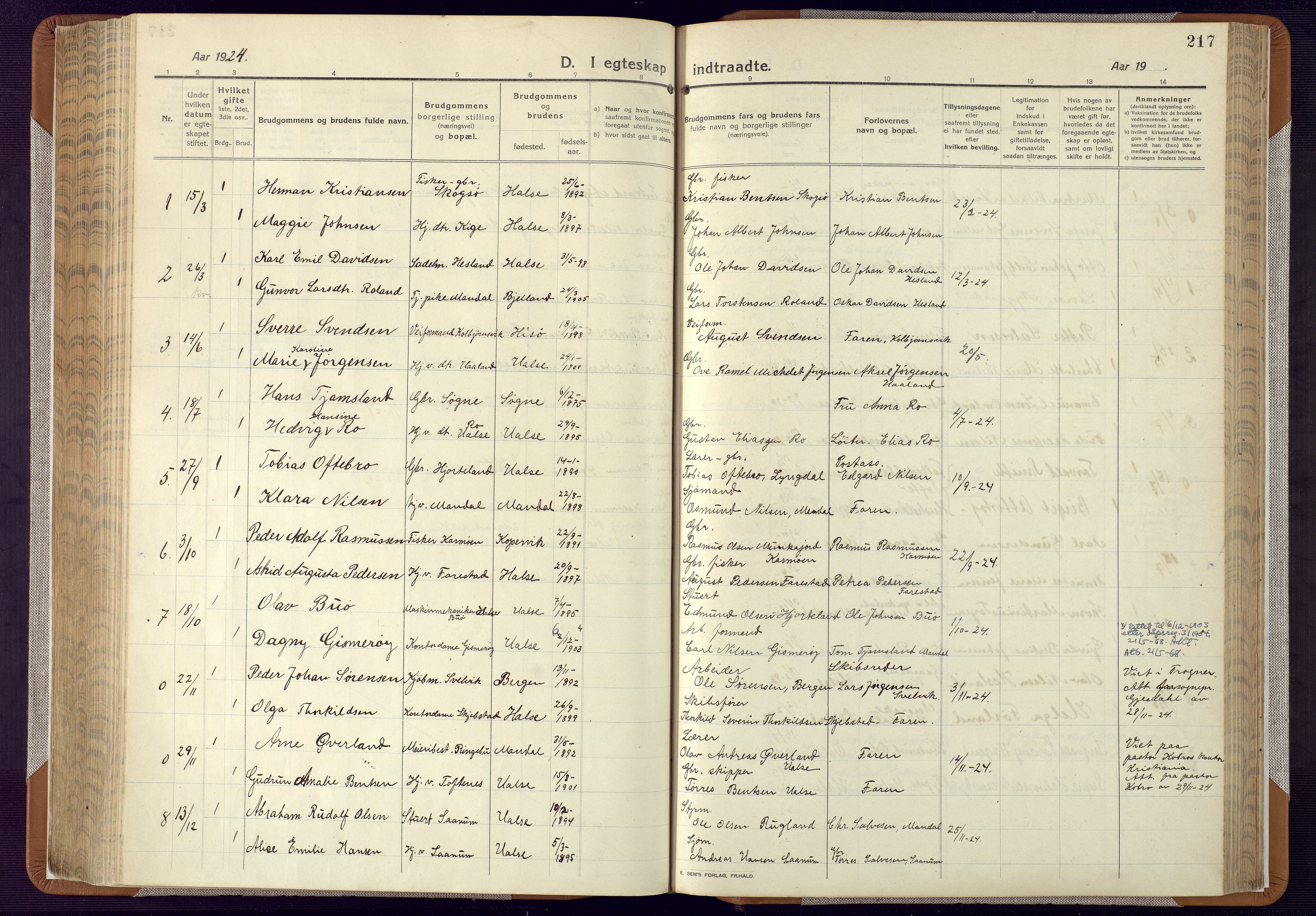 Mandal sokneprestkontor, AV/SAK-1111-0030/F/Fa/Faa/L0022: Parish register (official) no. A 22, 1913-1925, p. 217