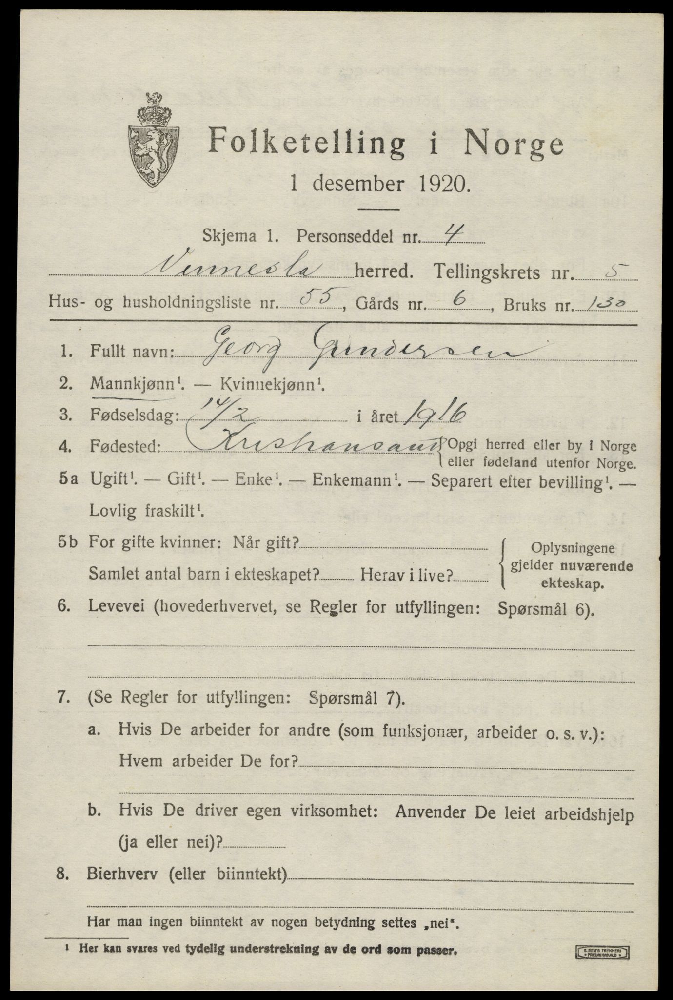 SAK, 1920 census for Vennesla, 1920, p. 4132