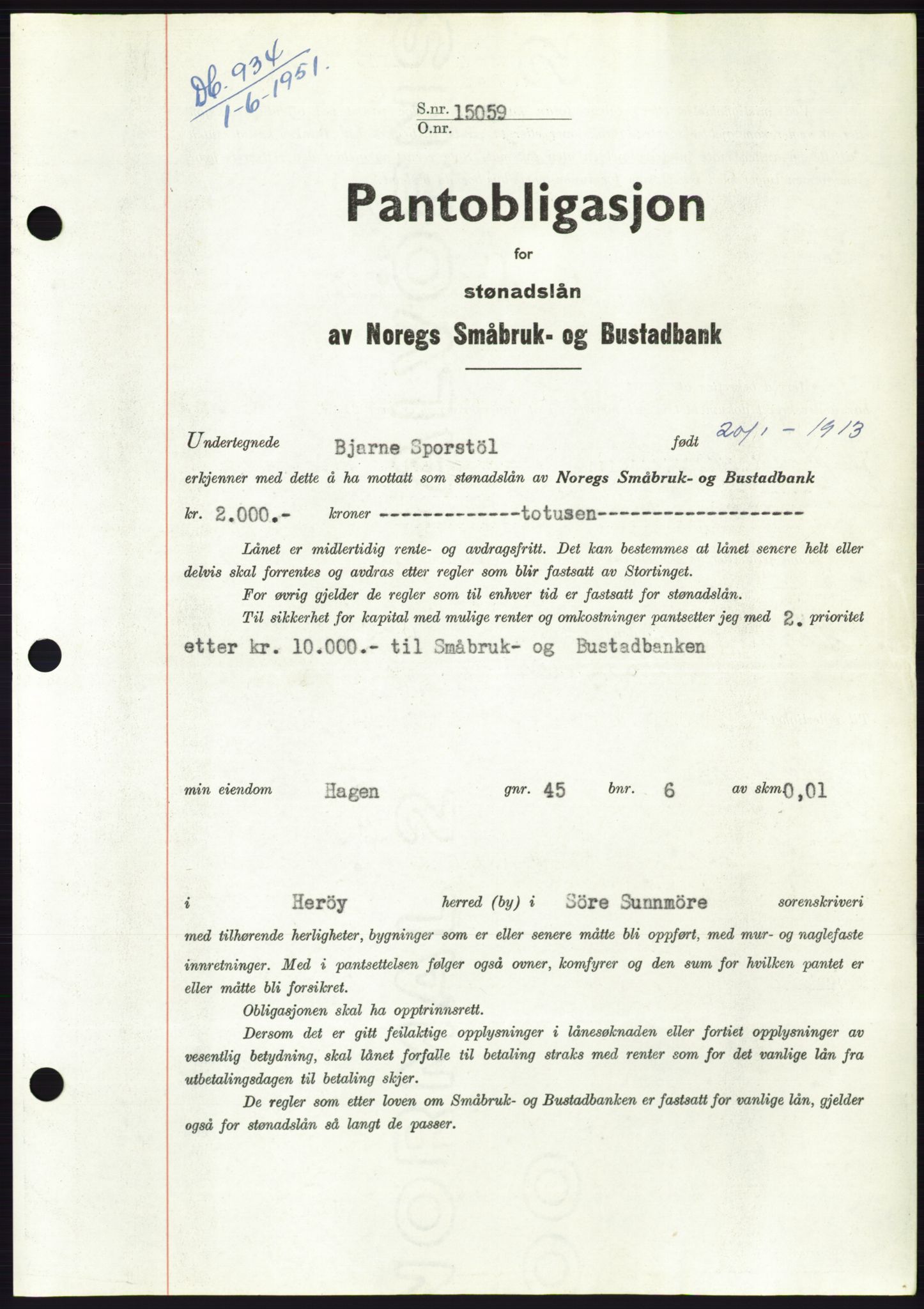 Søre Sunnmøre sorenskriveri, AV/SAT-A-4122/1/2/2C/L0120: Mortgage book no. 8B, 1951-1951, Diary no: : 934/1951