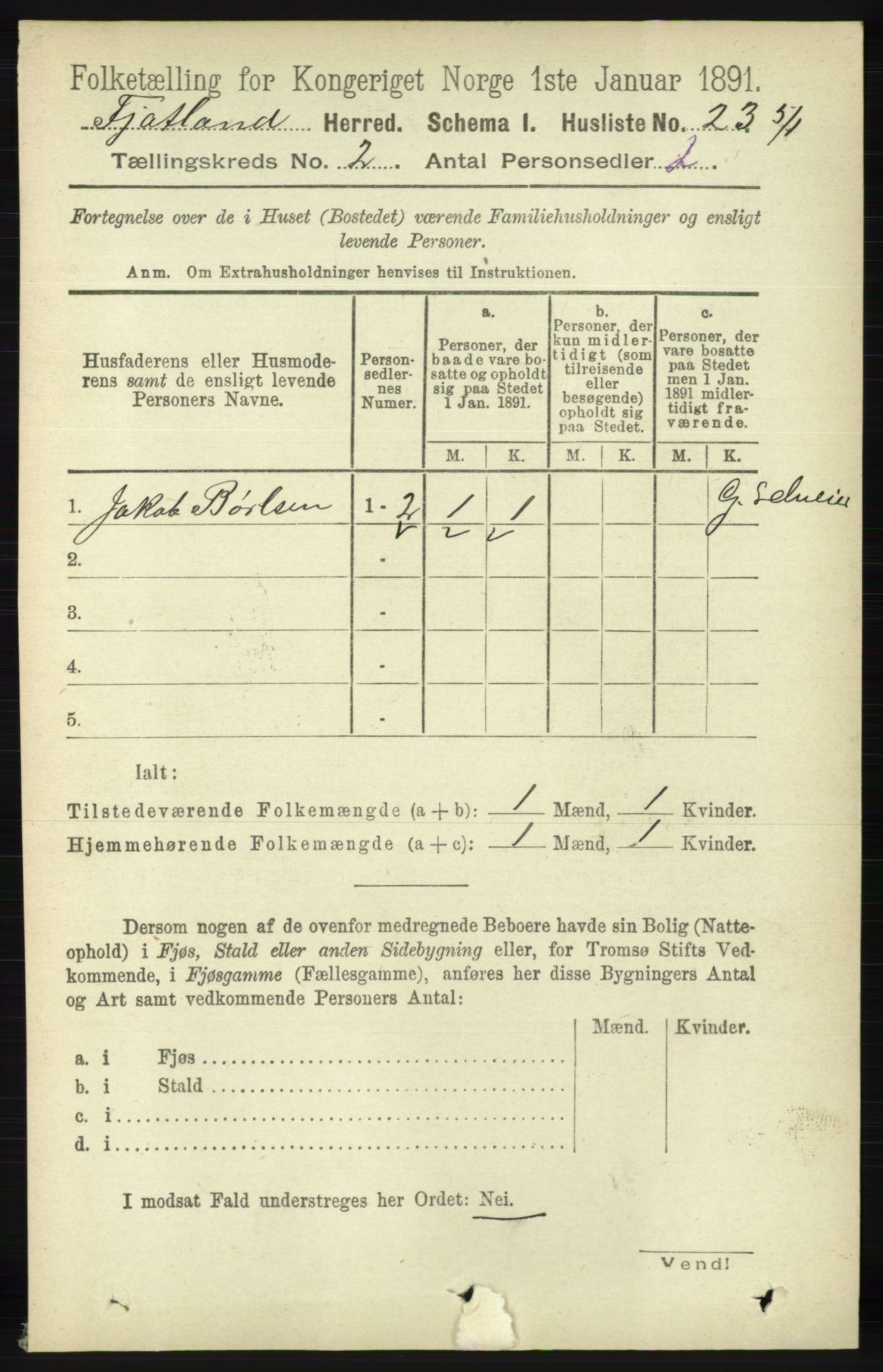 RA, 1891 census for 1036 Fjotland, 1891, p. 233