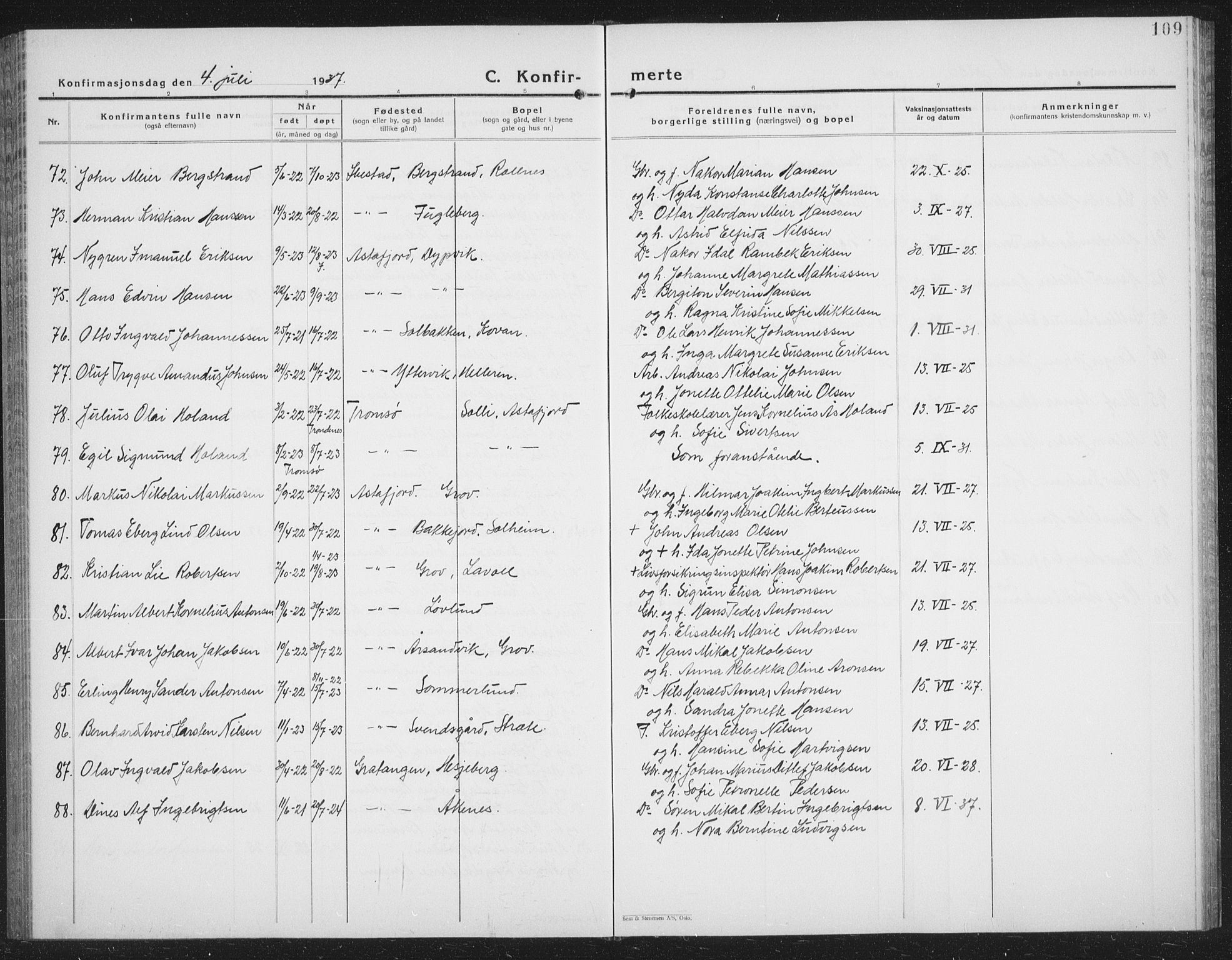 Ibestad sokneprestembete, AV/SATØ-S-0077/H/Ha/Hab/L0011klokker: Parish register (copy) no. 11, 1930-1942, p. 109