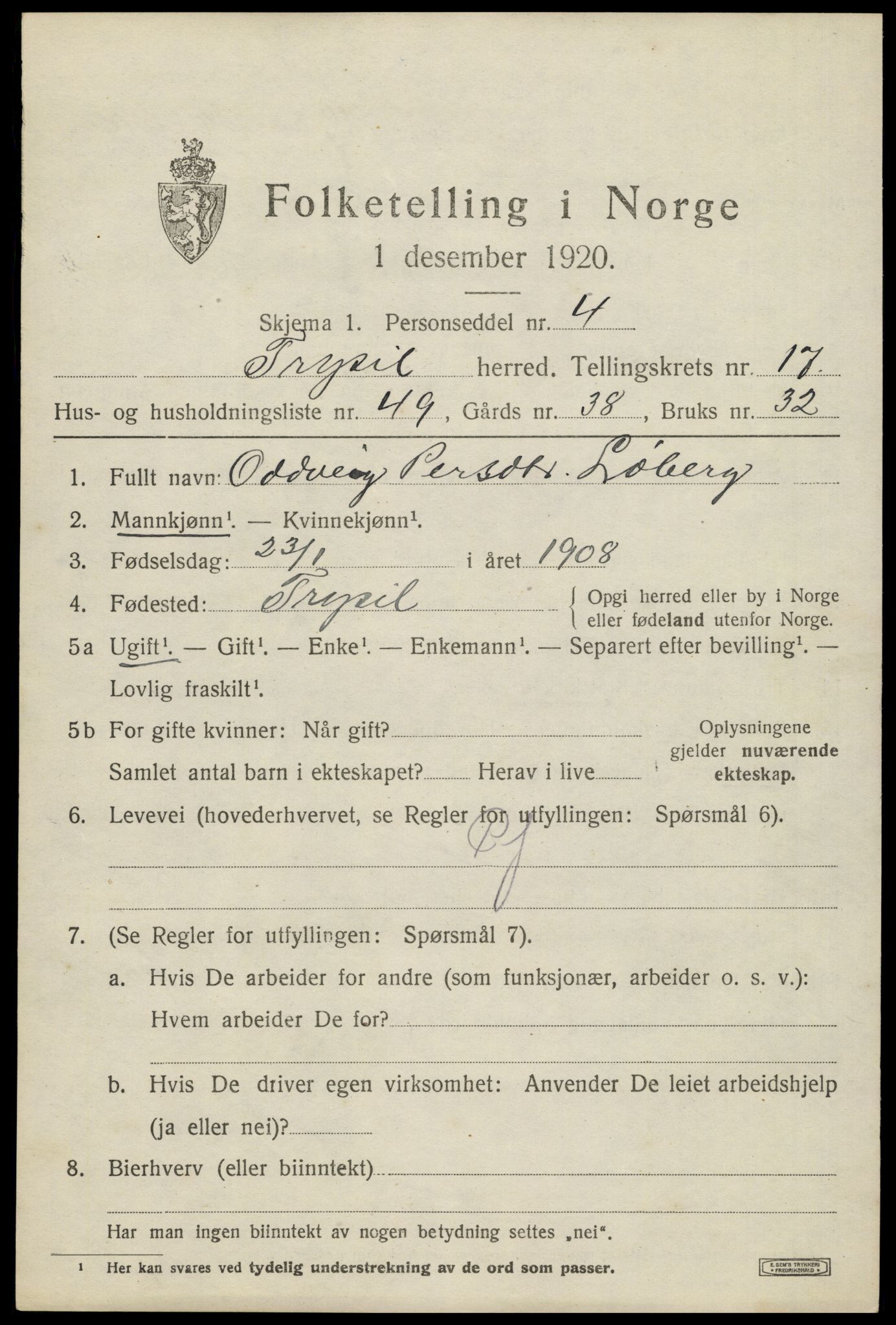 SAH, 1920 census for Trysil, 1920, p. 10747