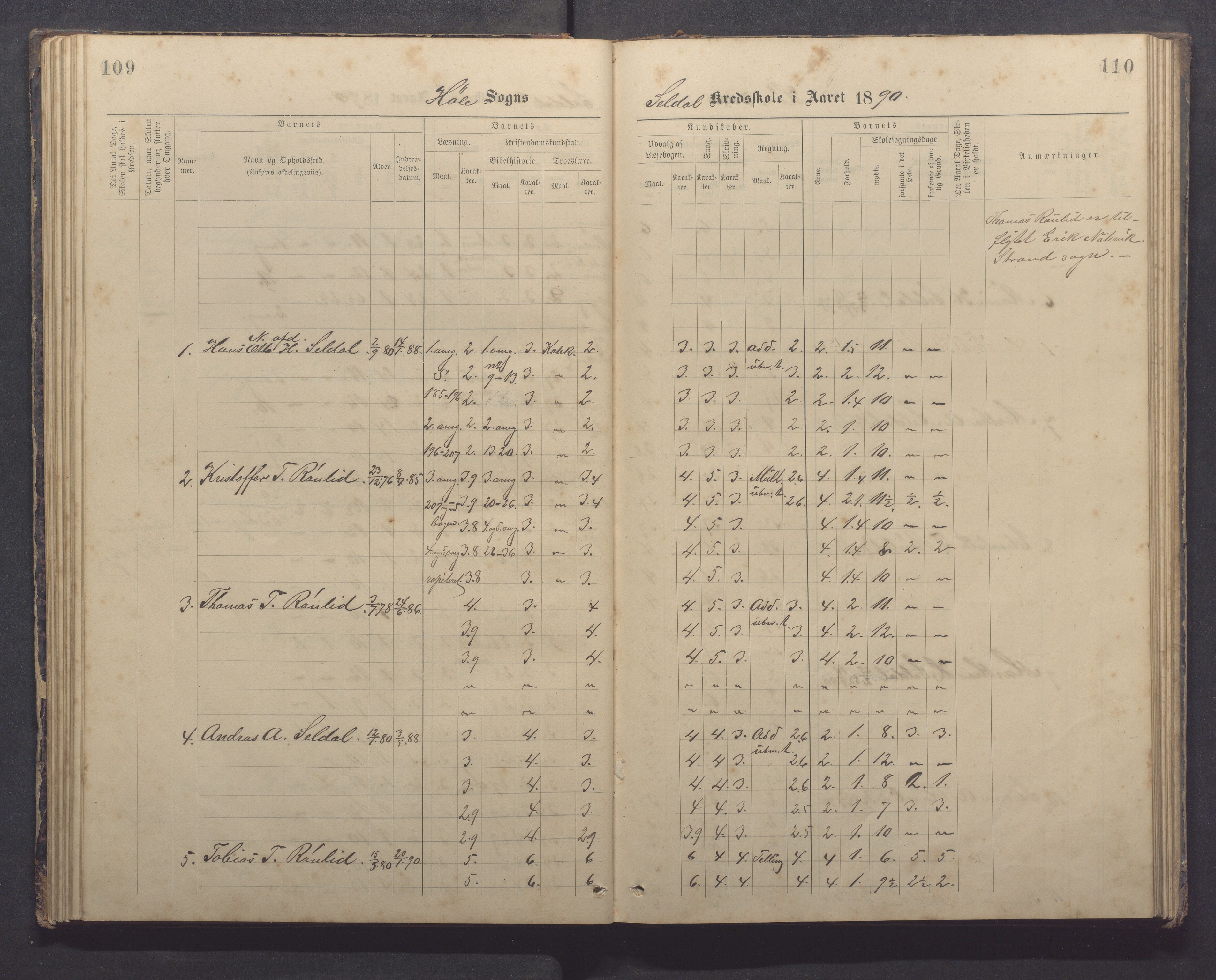 Høle kommune - Tengesdal skole, IKAR/K-100033/F/L0001: Skoleprotokoll, 1884-1893, p. 109-110