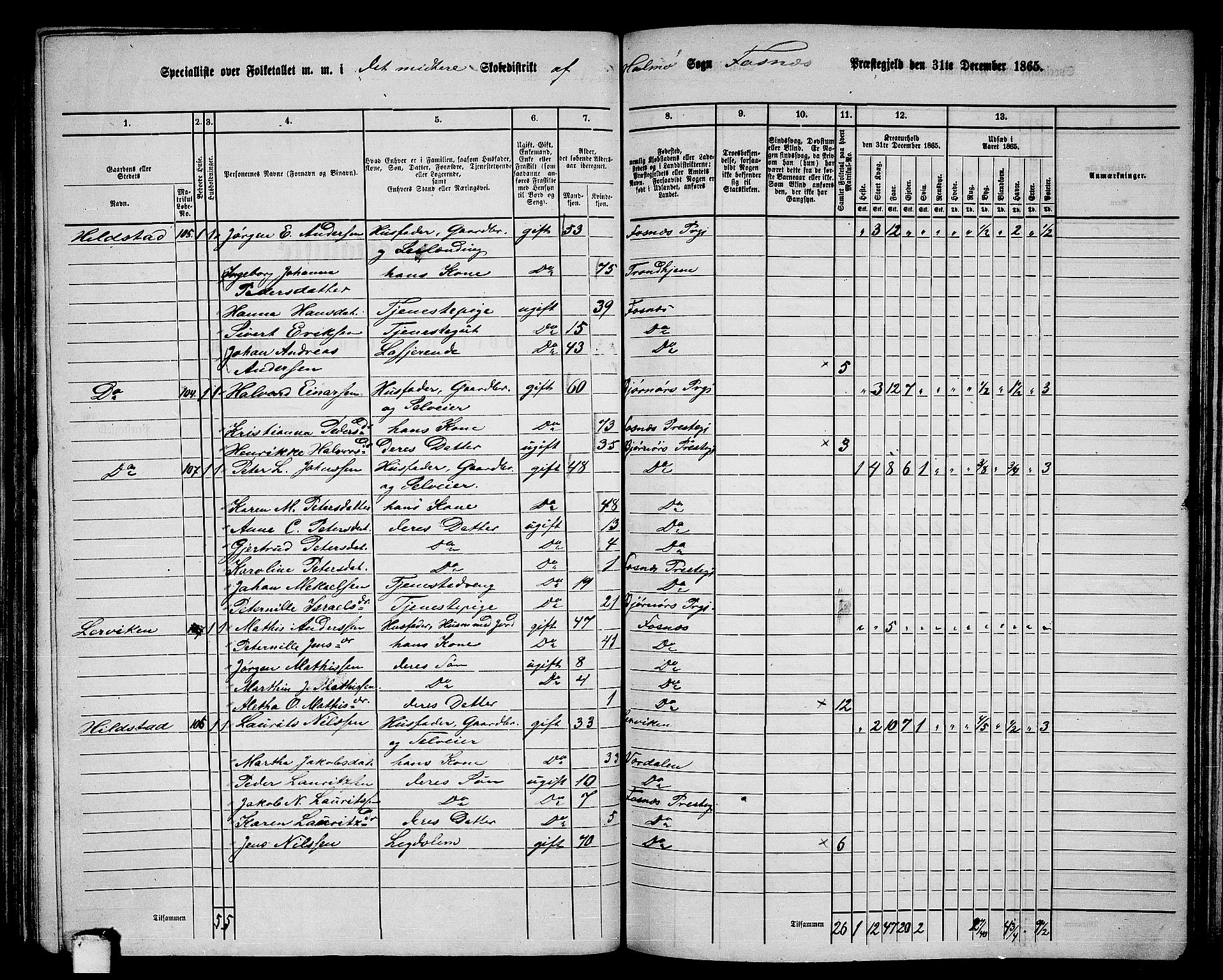 RA, 1865 census for Fosnes, 1865, p. 95