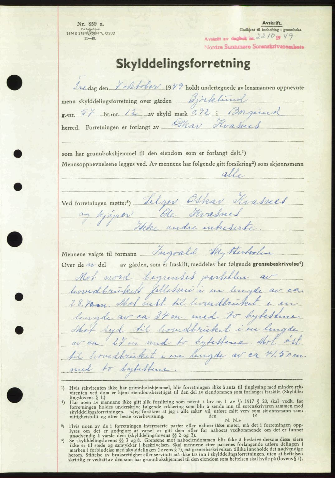 Nordre Sunnmøre sorenskriveri, AV/SAT-A-0006/1/2/2C/2Ca: Mortgage book no. A32, 1949-1949, Diary no: : 2210/1949