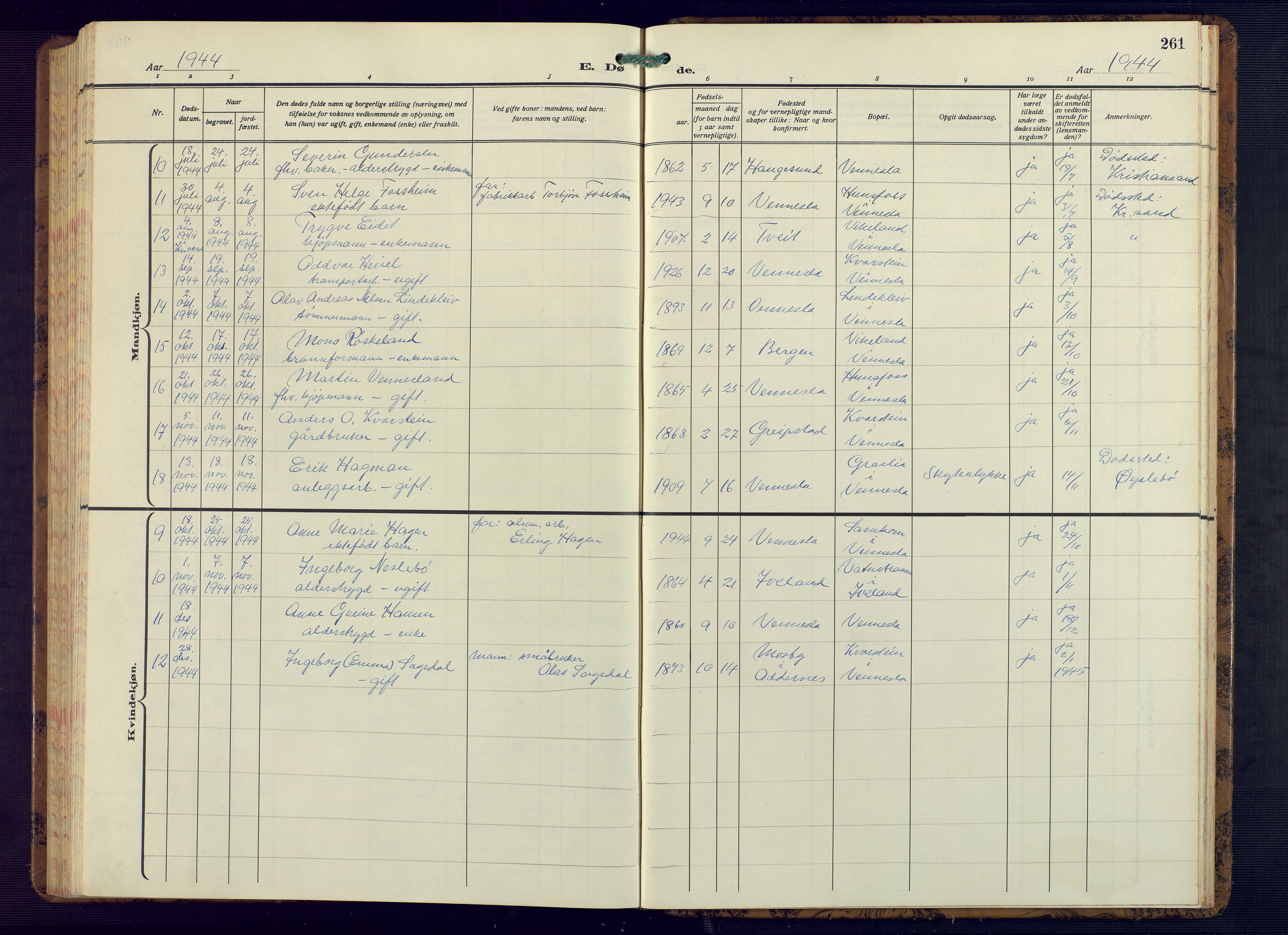 Vennesla sokneprestkontor, AV/SAK-1111-0045/Fb/Fbb/L0008: Parish register (copy) no. B 8, 1934-1947, p. 261