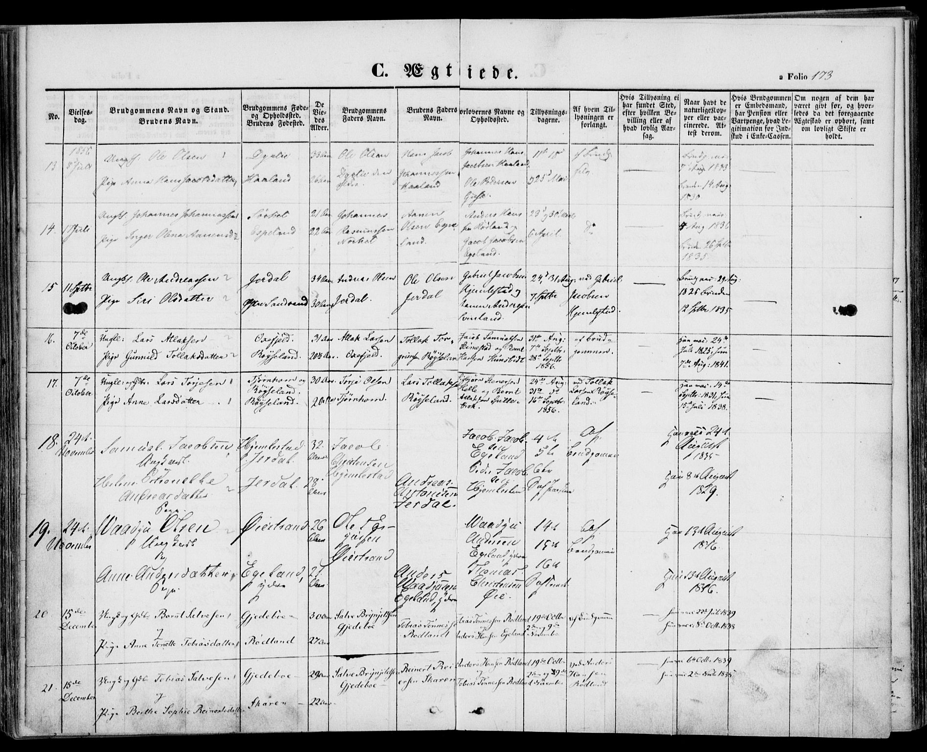 Kvinesdal sokneprestkontor, SAK/1111-0026/F/Fa/Fab/L0005: Parish register (official) no. A 5, 1844-1857, p. 173