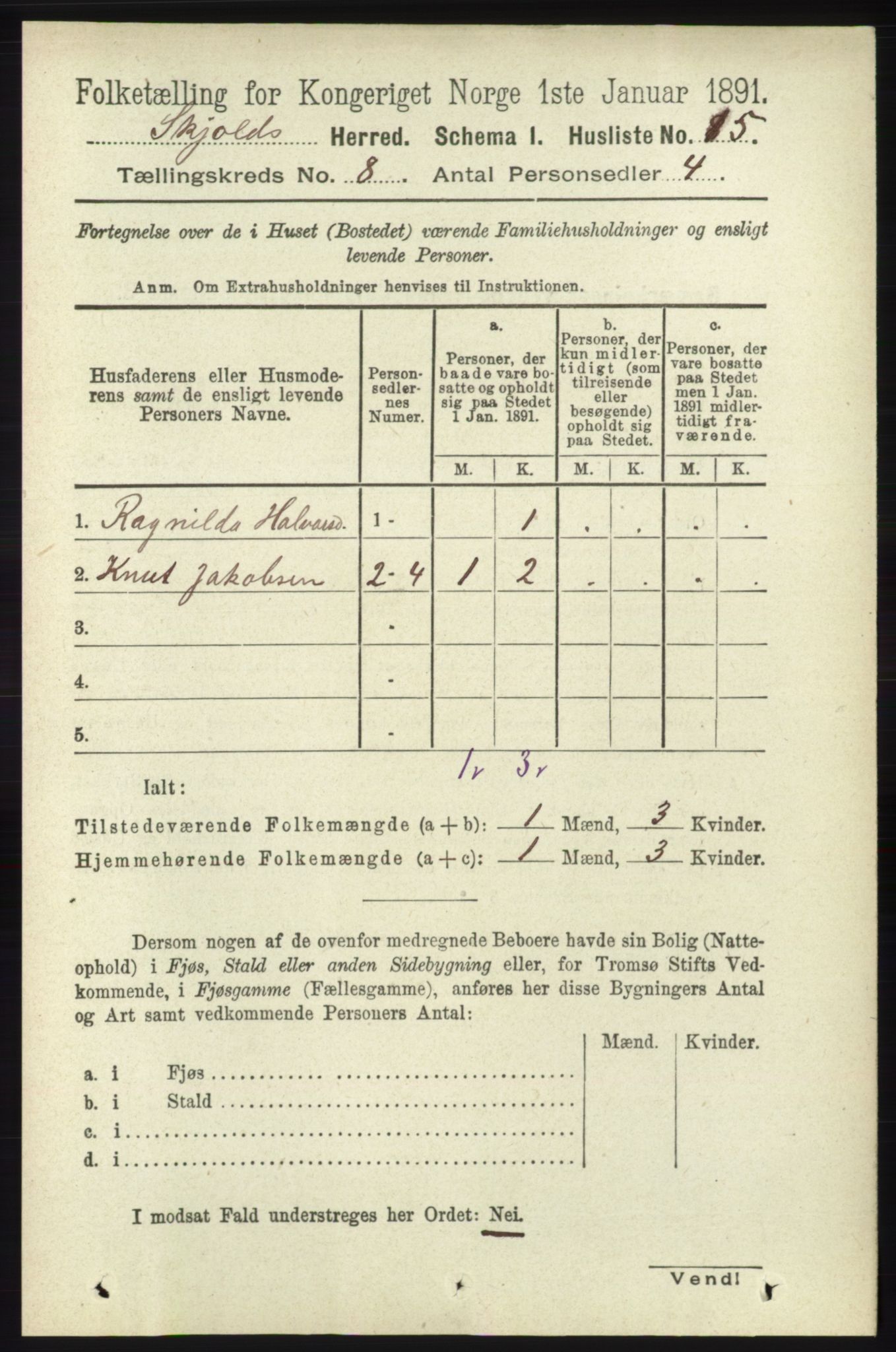 RA, 1891 census for 1154 Skjold, 1891, p. 1582