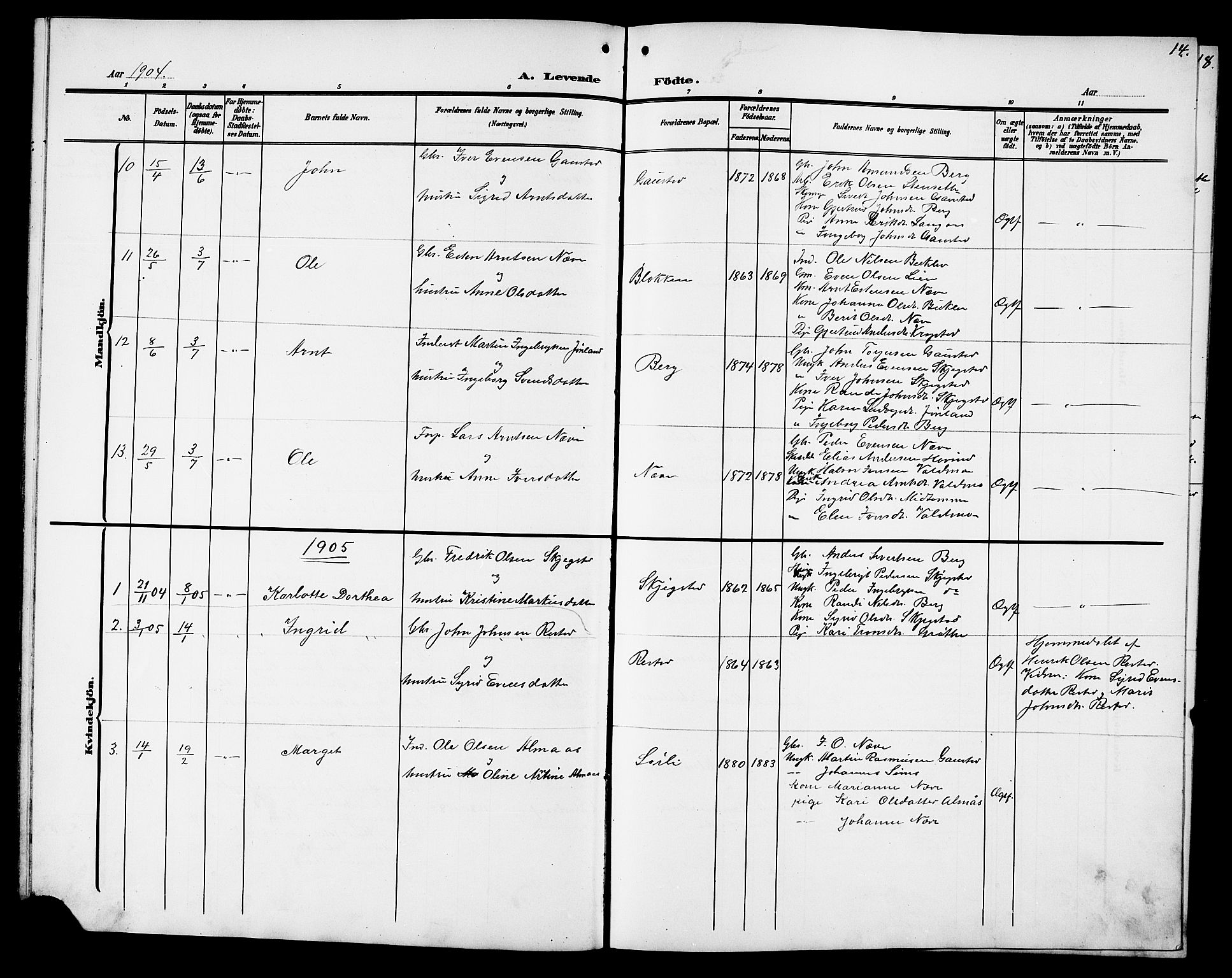 Ministerialprotokoller, klokkerbøker og fødselsregistre - Sør-Trøndelag, SAT/A-1456/694/L1133: Parish register (copy) no. 694C05, 1901-1914, p. 14