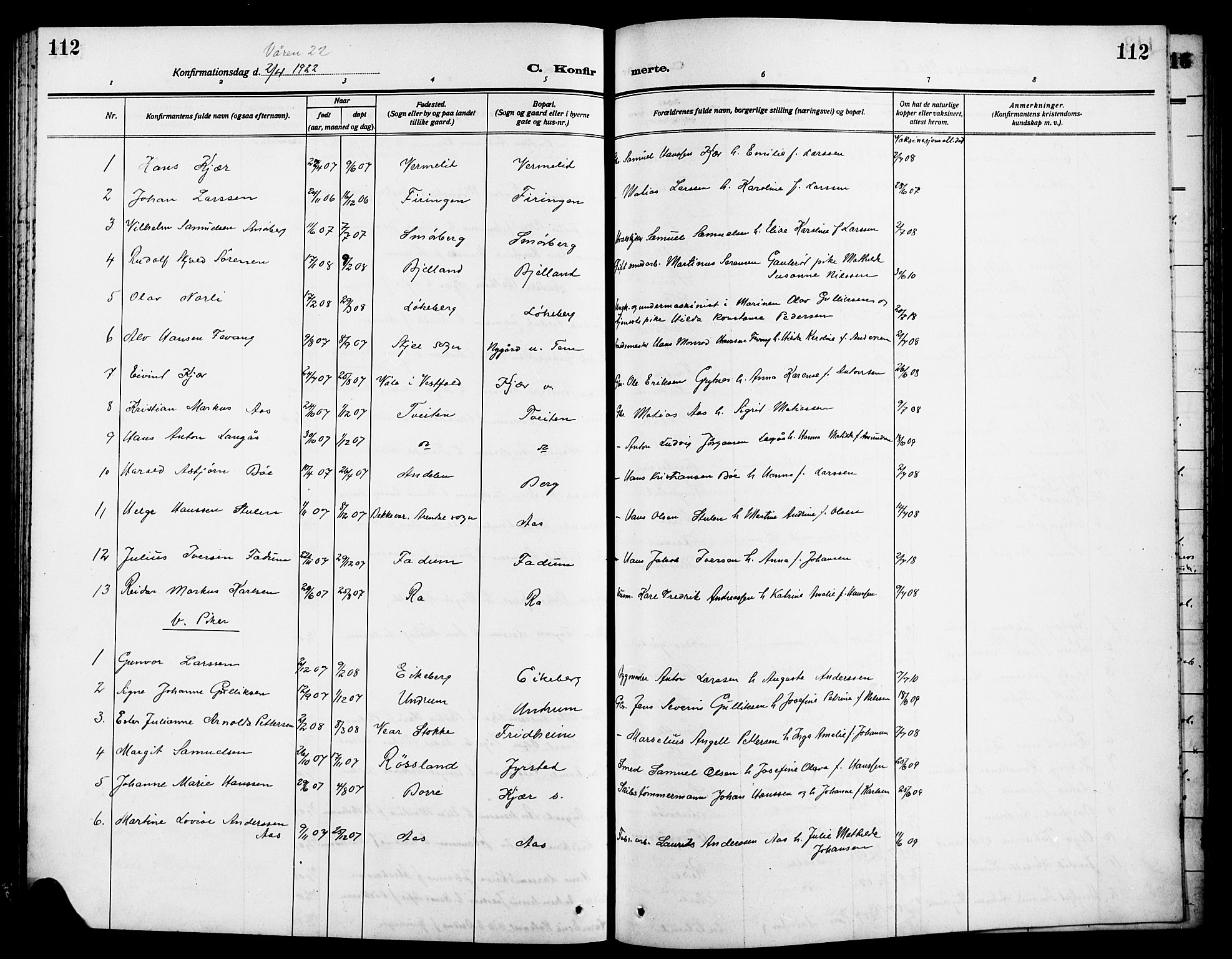 Sem kirkebøker, SAKO/A-5/G/Ga/L0007: Parish register (copy) no. I 7, 1909-1924, p. 112