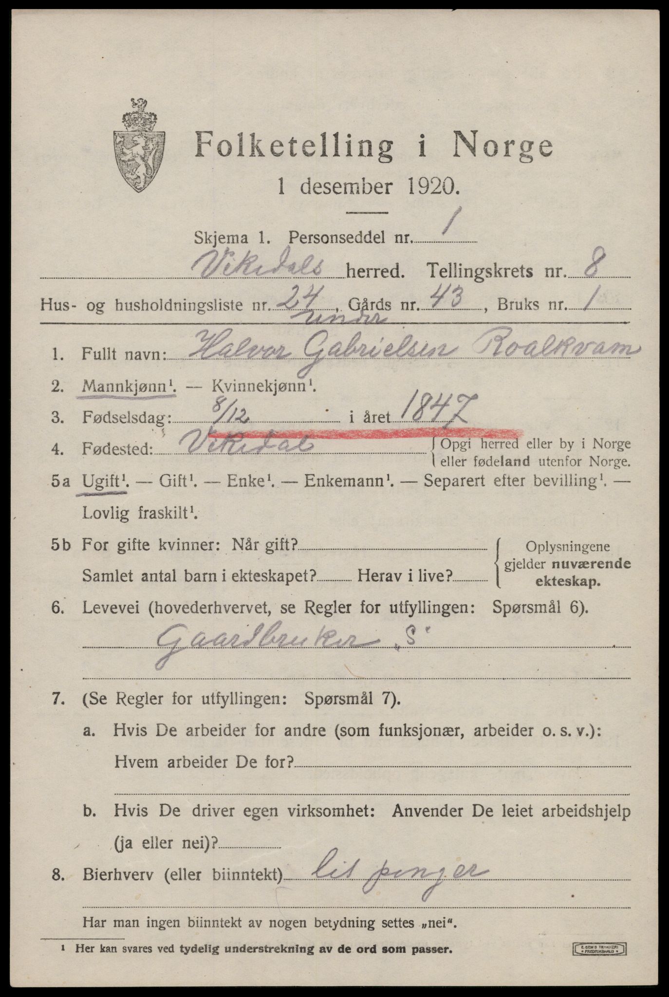 SAST, 1920 census for Vikedal, 1920, p. 2917