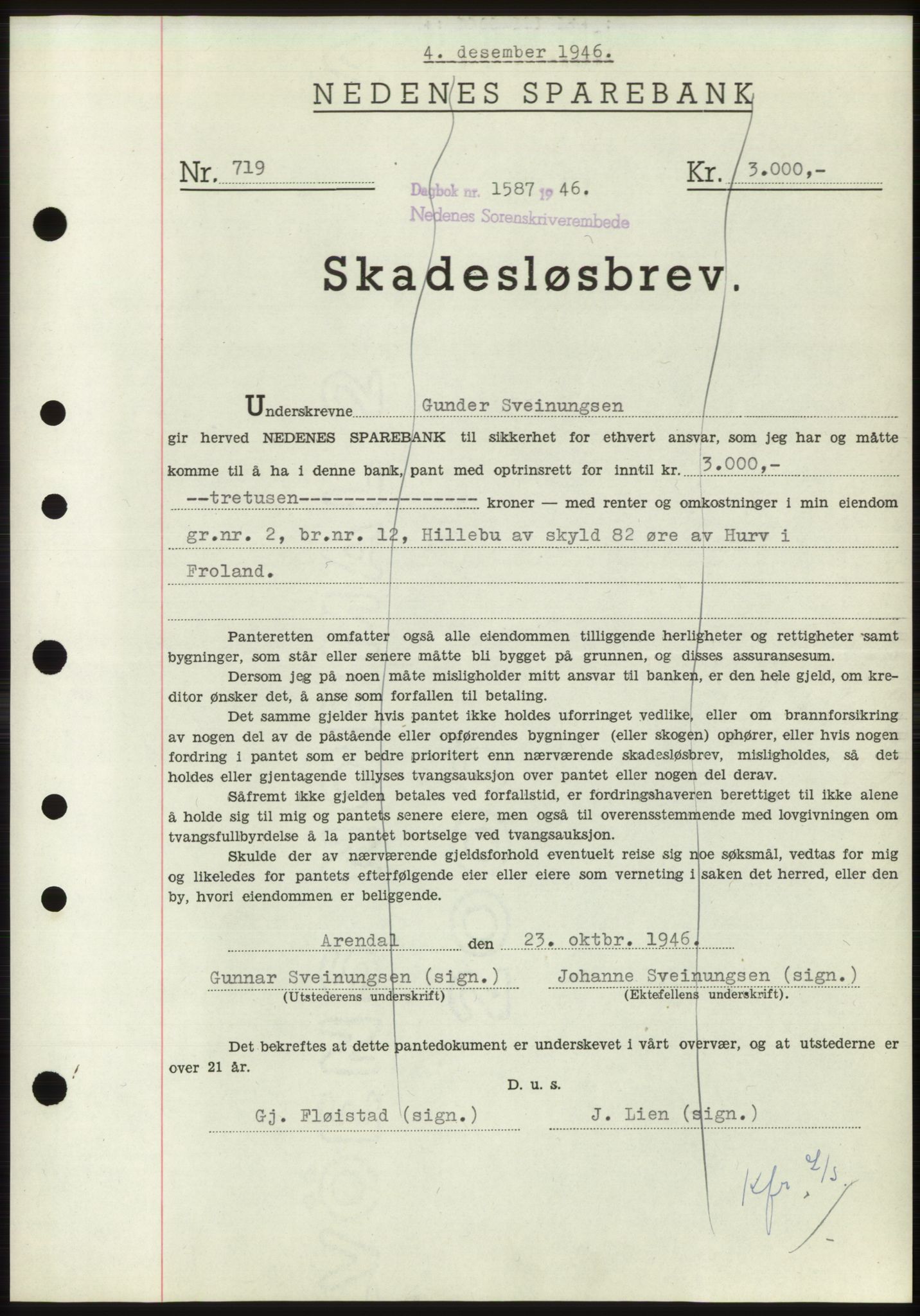 Nedenes sorenskriveri, SAK/1221-0006/G/Gb/Gbb/L0003: Mortgage book no. B3b, 1946-1946, Diary no: : 1587/1946