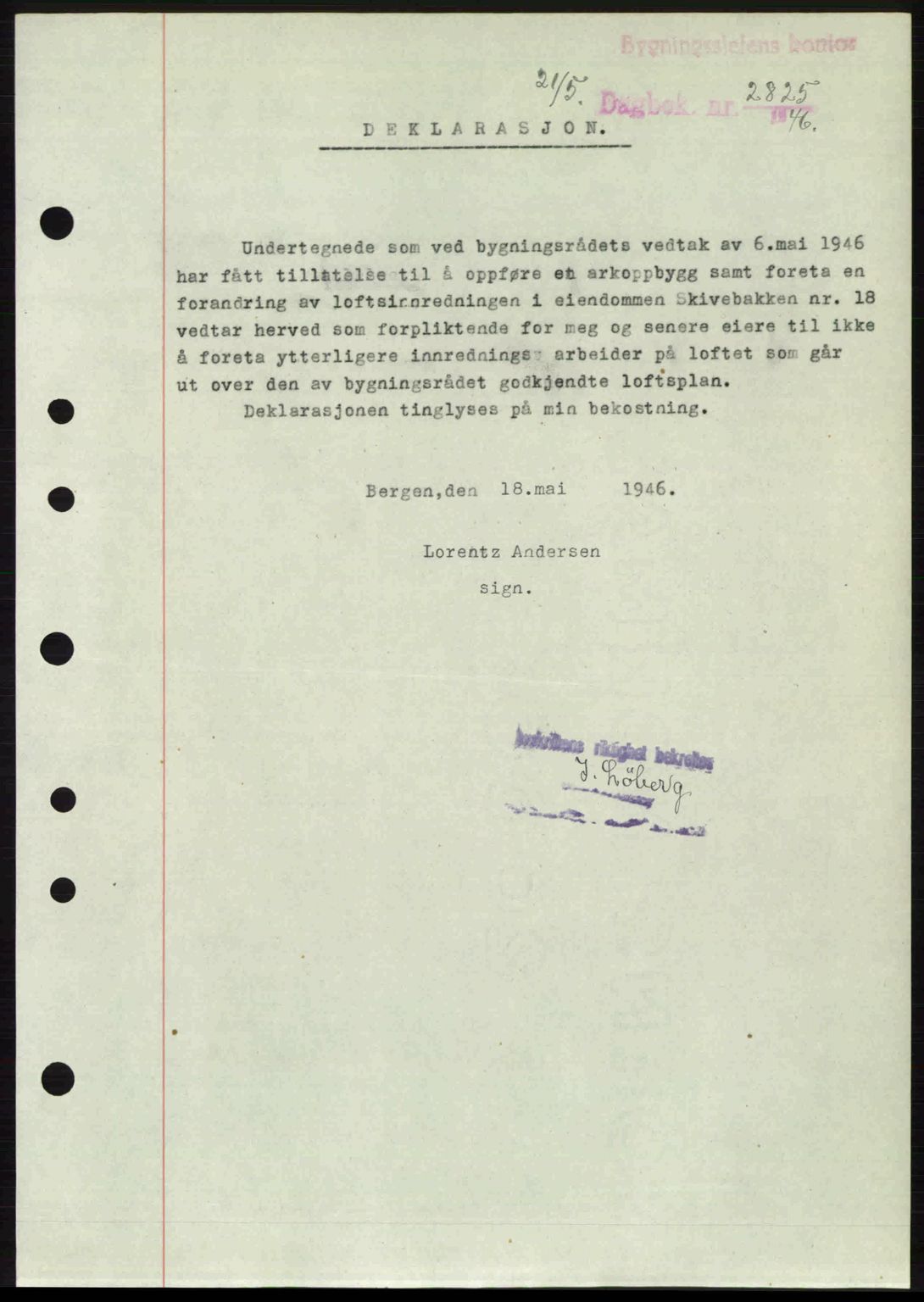 Byfogd og Byskriver i Bergen, SAB/A-3401/03/03Bc/L0022: Mortgage book no. A18, 1946-1946, Diary no: : 2825/1946