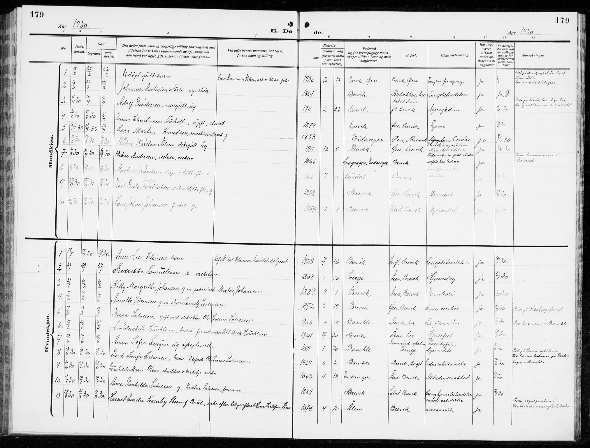 Brevik kirkebøker, SAKO/A-255/G/Ga/L0006: Parish register (copy) no. 6, 1922-1940, p. 179