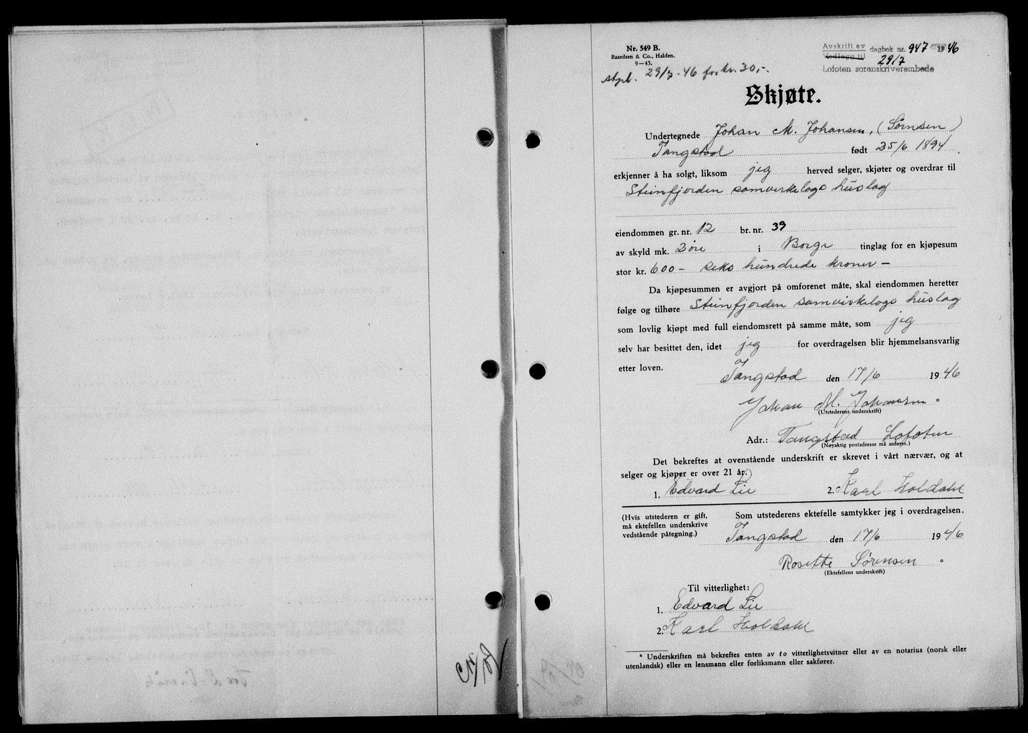 Lofoten sorenskriveri, SAT/A-0017/1/2/2C/L0014a: Mortgage book no. 14a, 1946-1946, Diary no: : 947/1946
