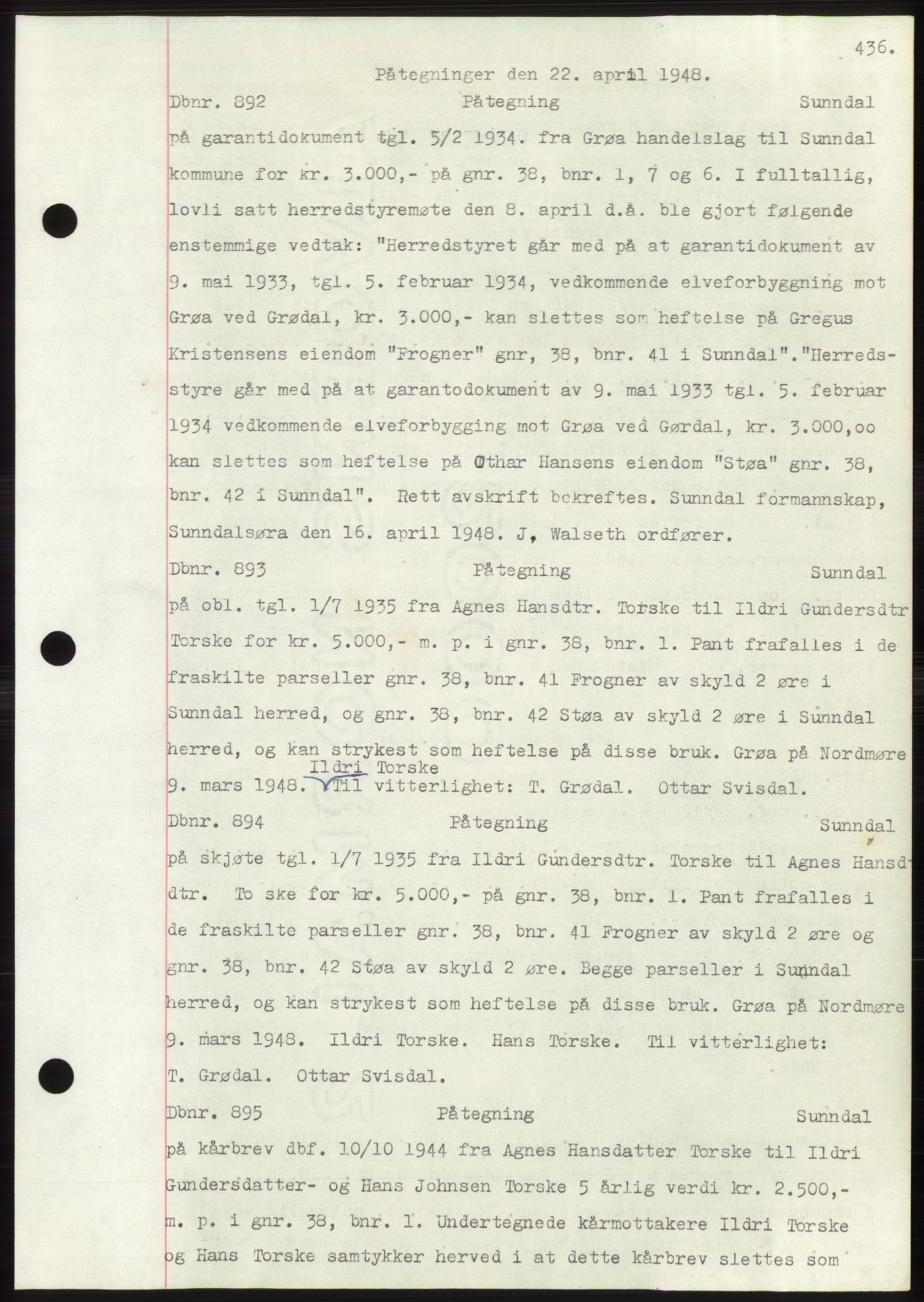 Nordmøre sorenskriveri, SAT/A-4132/1/2/2Ca: Mortgage book no. C82b, 1946-1951, Diary no: : 892/1948