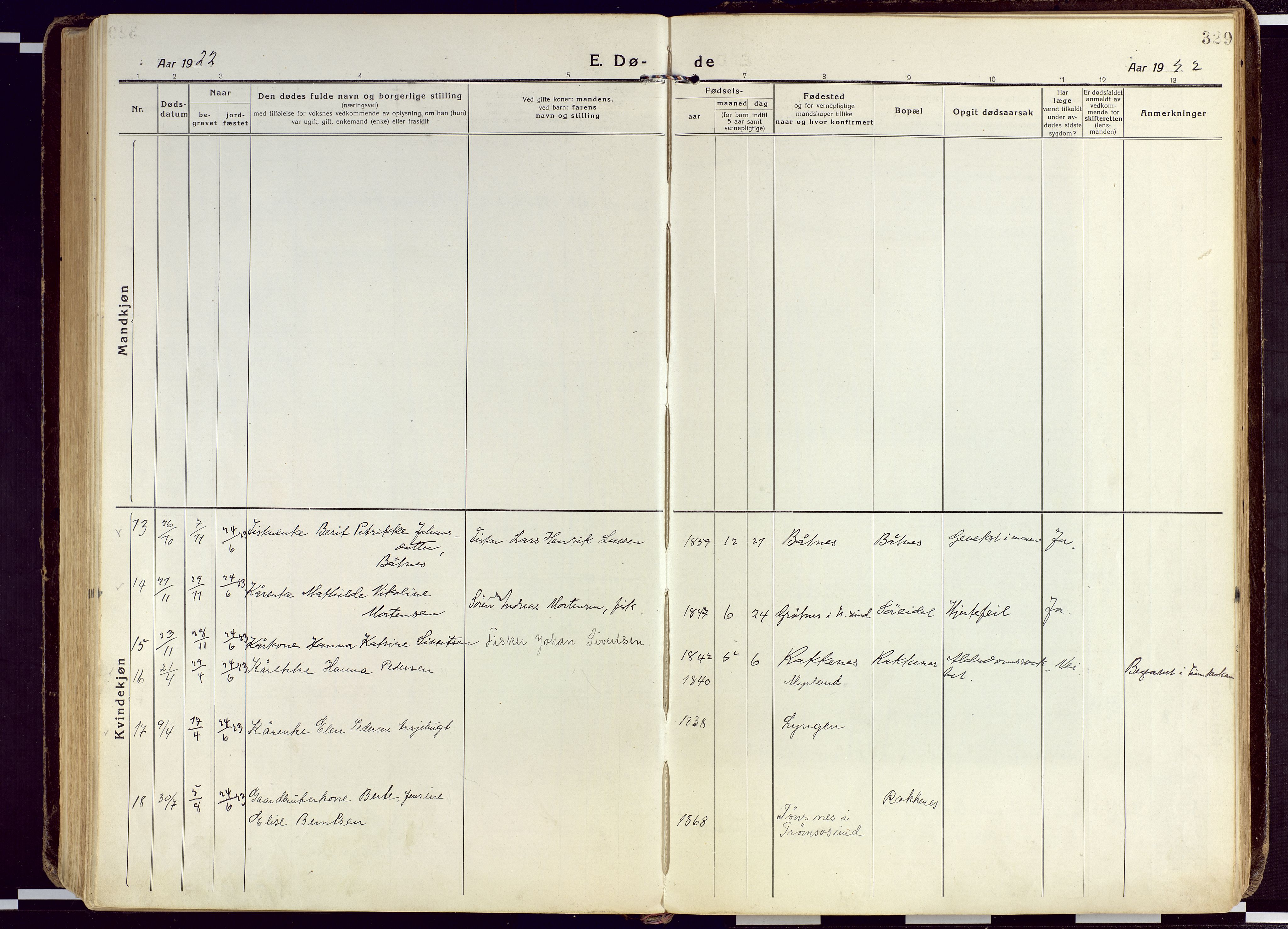 Karlsøy sokneprestembete, AV/SATØ-S-1299/H/Ha/Haa/L0015kirke: Parish register (official) no. 15, 1918-1929, p. 329