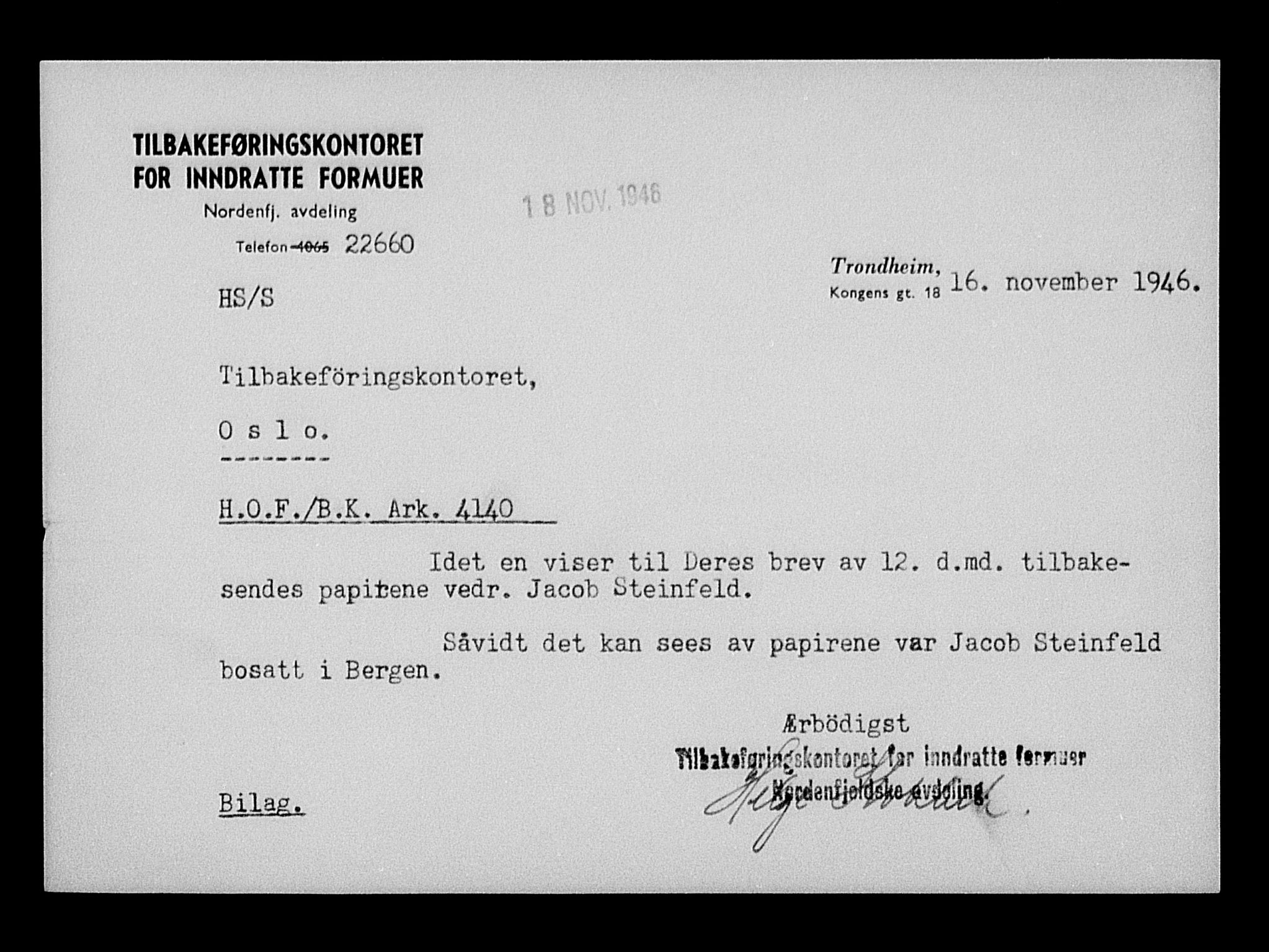 Justisdepartementet, Tilbakeføringskontoret for inndratte formuer, AV/RA-S-1564/H/Hc/Hcd/L1007: --, 1945-1947, p. 277