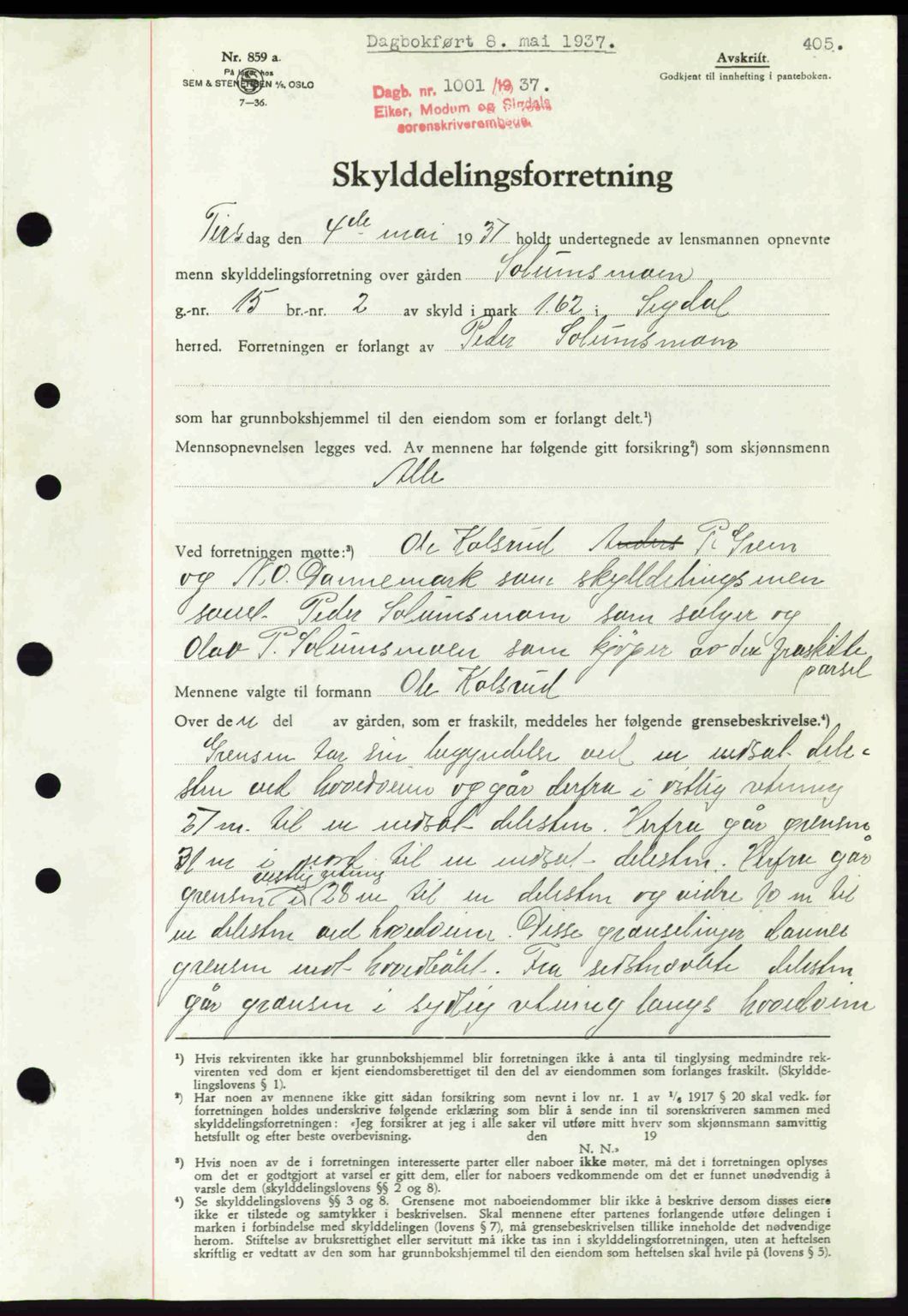 Eiker, Modum og Sigdal sorenskriveri, SAKO/A-123/G/Ga/Gab/L0035: Mortgage book no. A5, 1937-1937, Diary no: : 1001/1937