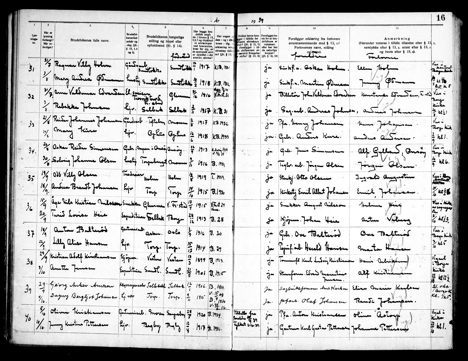 Borge prestekontor Kirkebøker, AV/SAO-A-10903/H/Ha/L0002: Banns register no. I 2, 1937-1956, p. 16