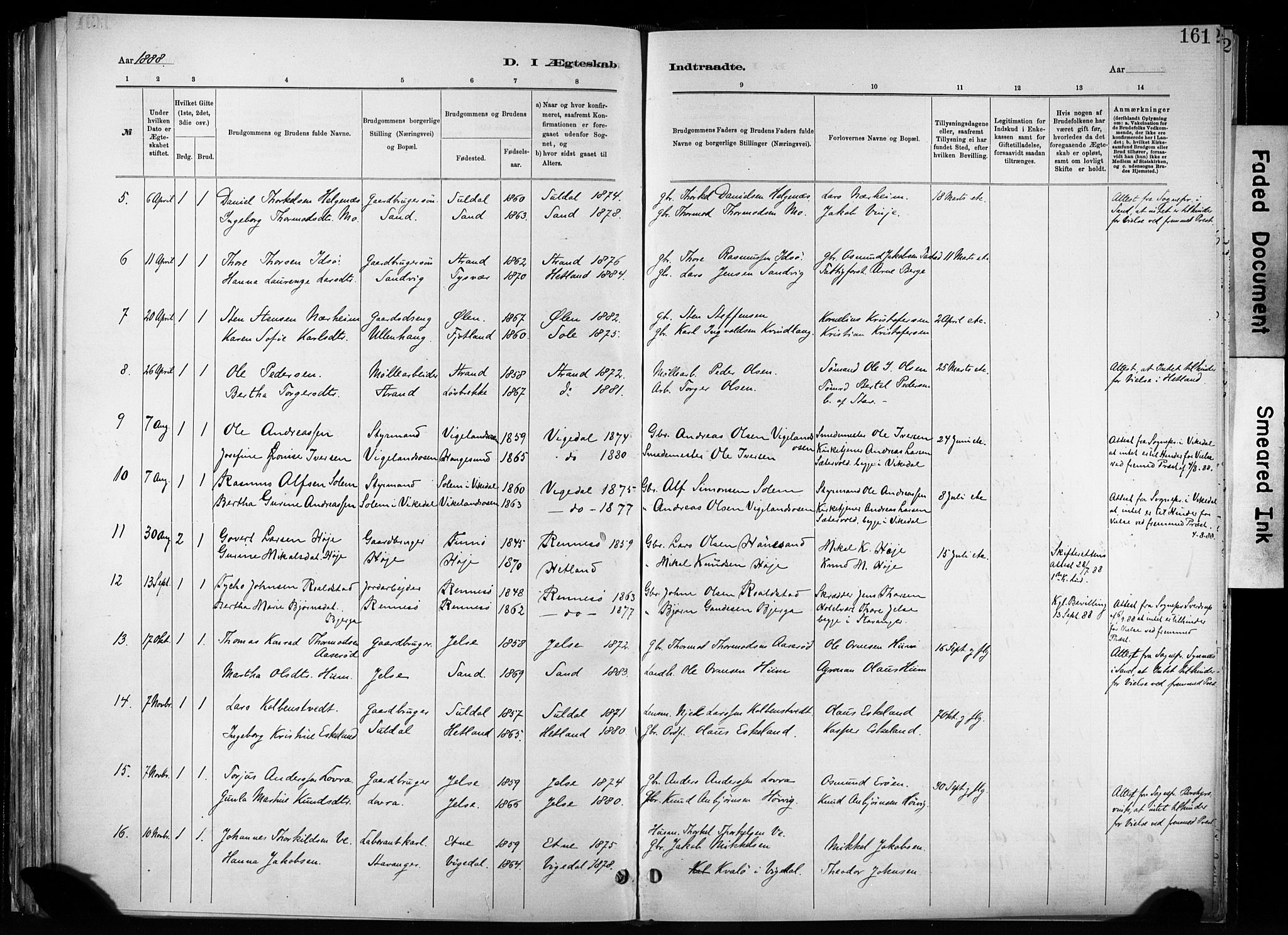 Hetland sokneprestkontor, SAST/A-101826/30/30BA/L0011: Parish register (official) no. A 11, 1884-1911, p. 161