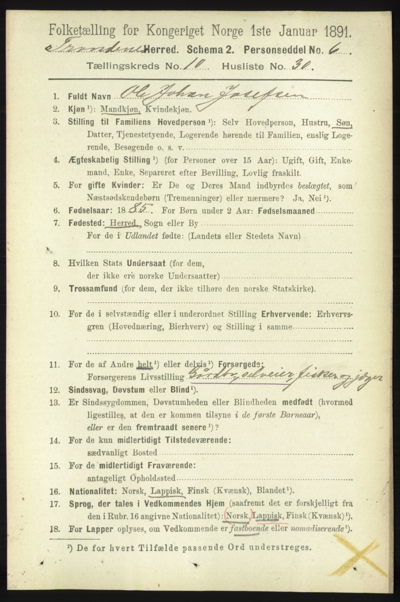 RA, 1891 census for 1914 Trondenes, 1891, p. 7705