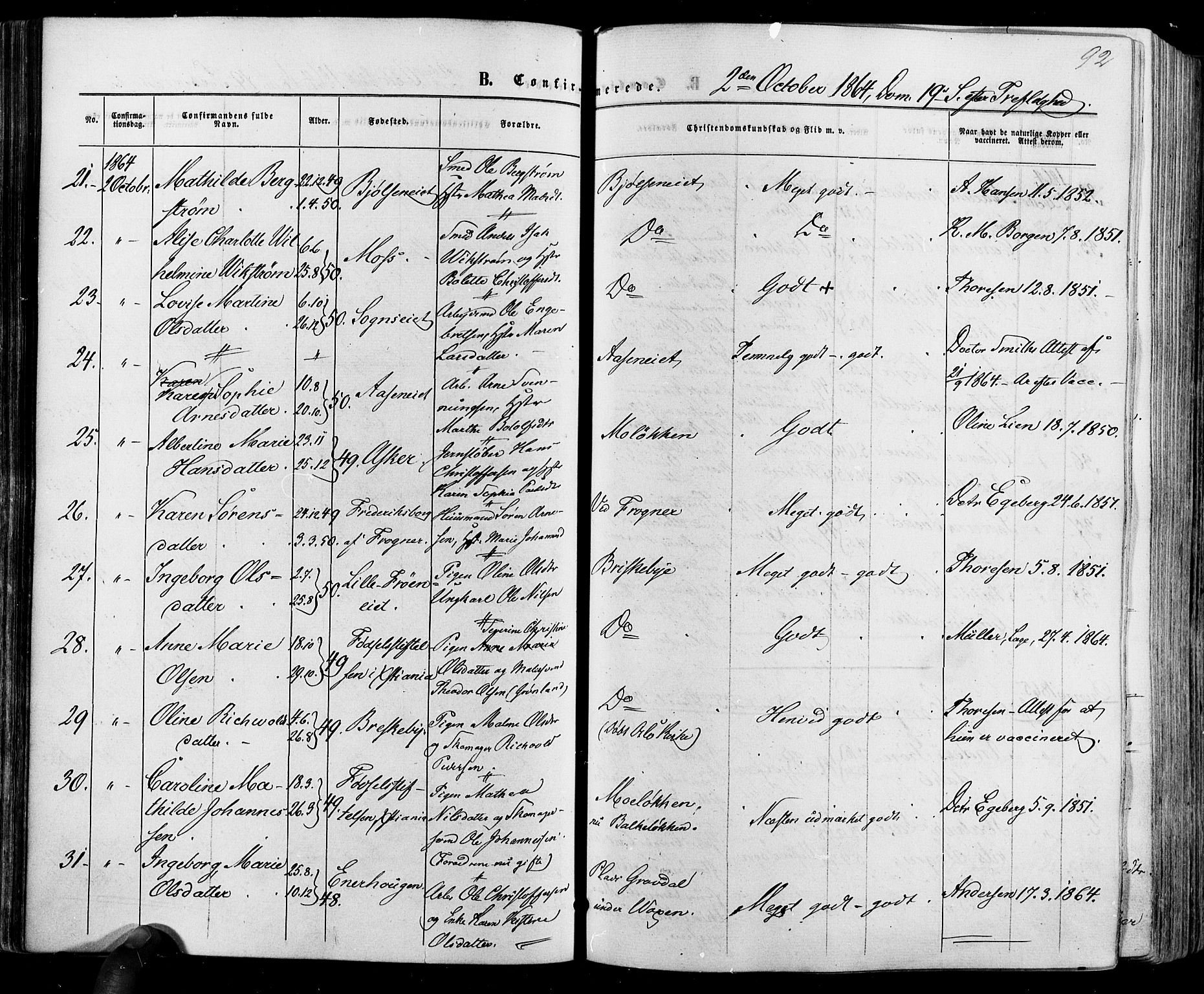 Vestre Aker prestekontor Kirkebøker, SAO/A-10025/F/Fa/L0005: Parish register (official) no. 5, 1859-1877, p. 92