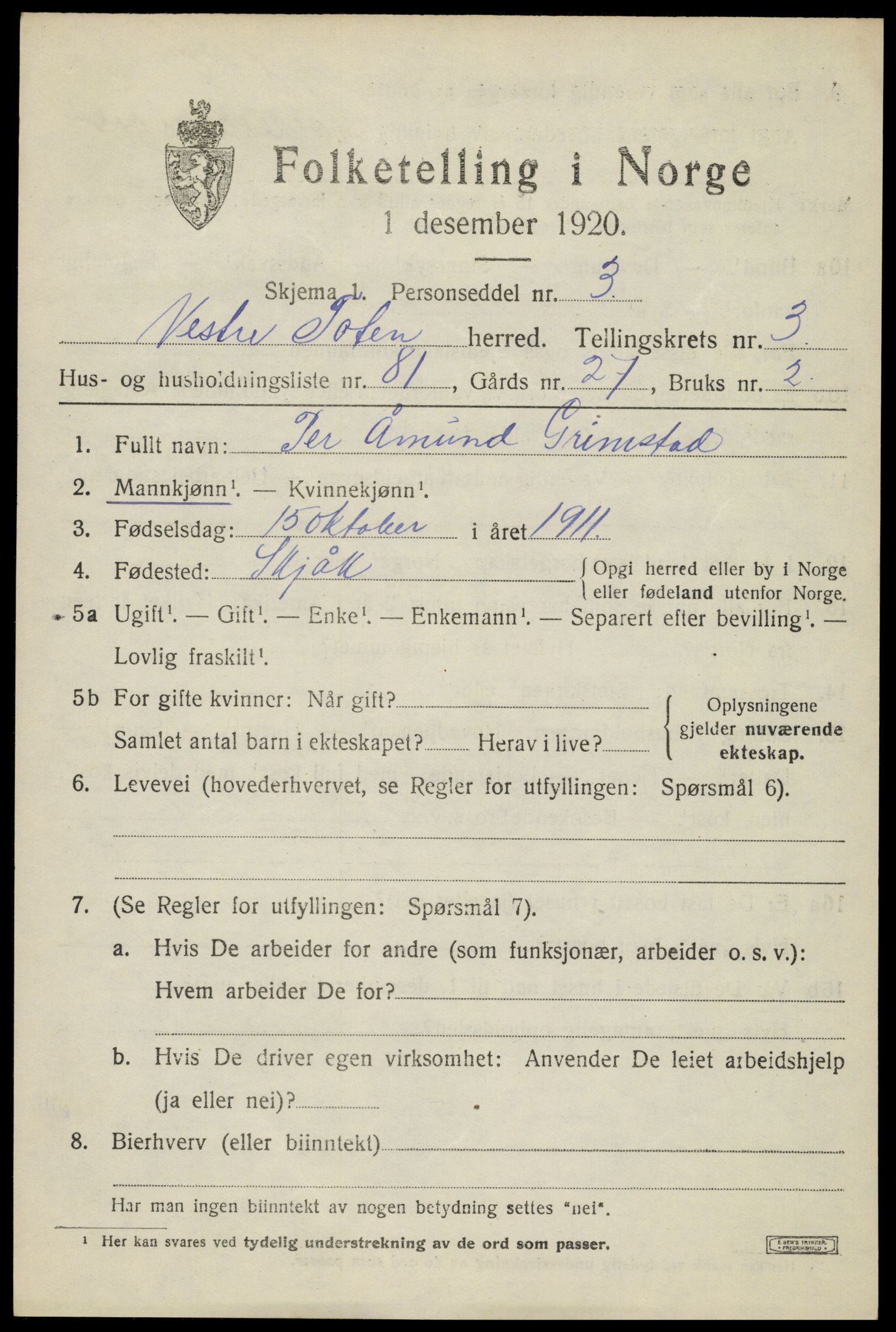 SAH, 1920 census for Vestre Toten, 1920, p. 5540