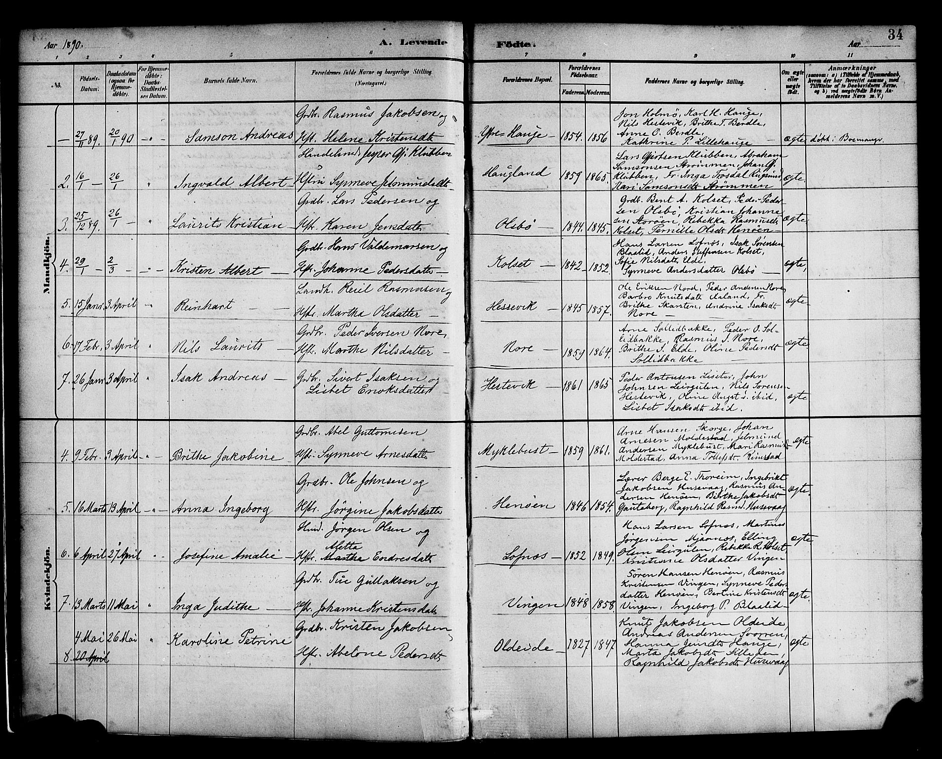 Davik sokneprestembete, AV/SAB-A-79701/H/Haa/Haad/L0001: Parish register (official) no. D 1, 1882-1900, p. 34