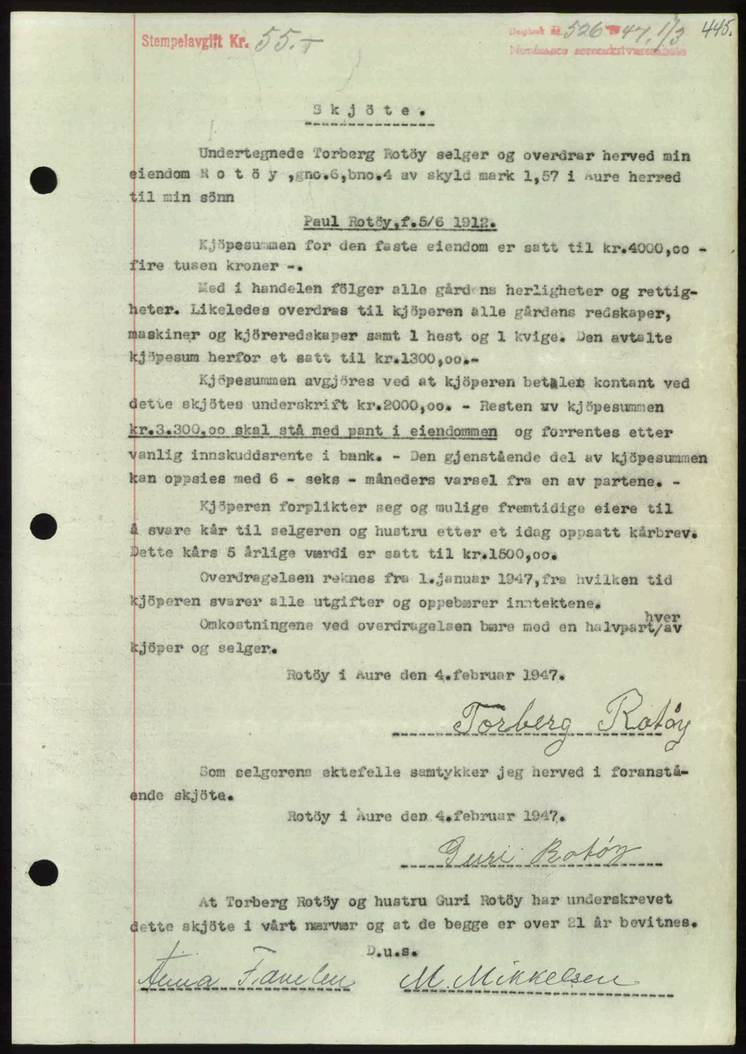 Nordmøre sorenskriveri, AV/SAT-A-4132/1/2/2Ca: Mortgage book no. A104, 1947-1947, Diary no: : 526/1947