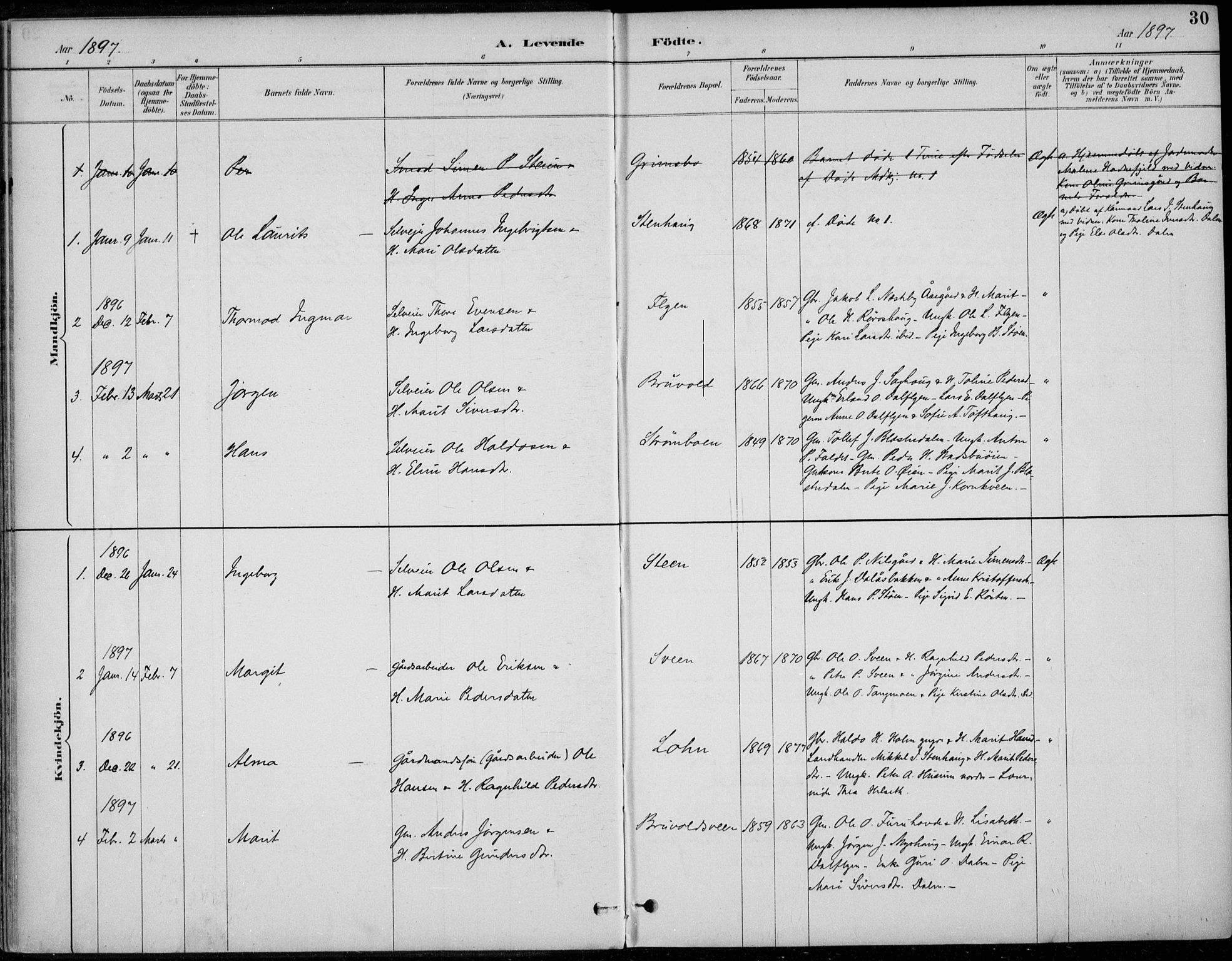 Alvdal prestekontor, SAH/PREST-060/H/Ha/Haa/L0003: Parish register (official) no. 3, 1886-1912, p. 30