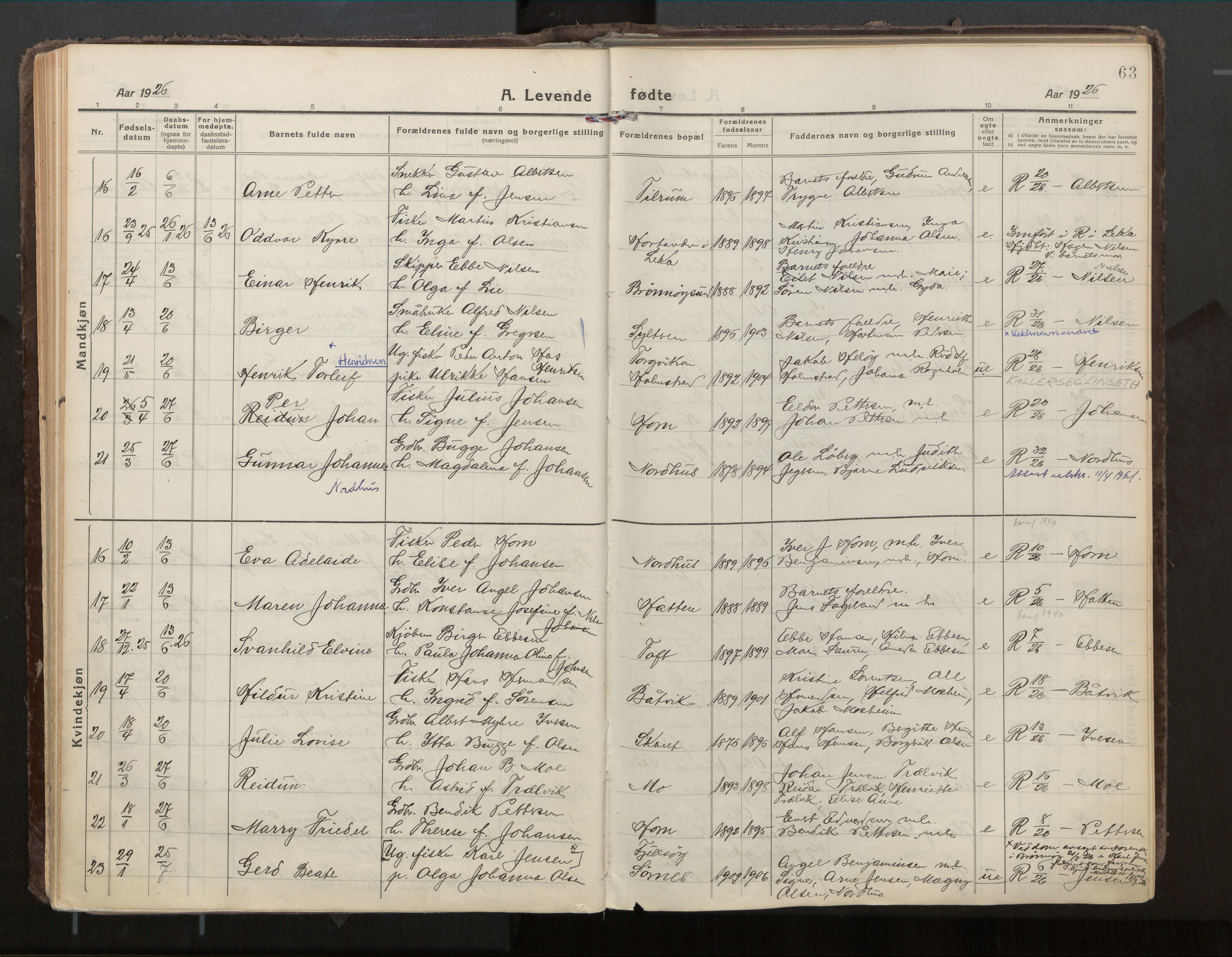 Ministerialprotokoller, klokkerbøker og fødselsregistre - Nordland, AV/SAT-A-1459/813/L0207a: Parish register (official) no. 813A18, 1919-1927, p. 63