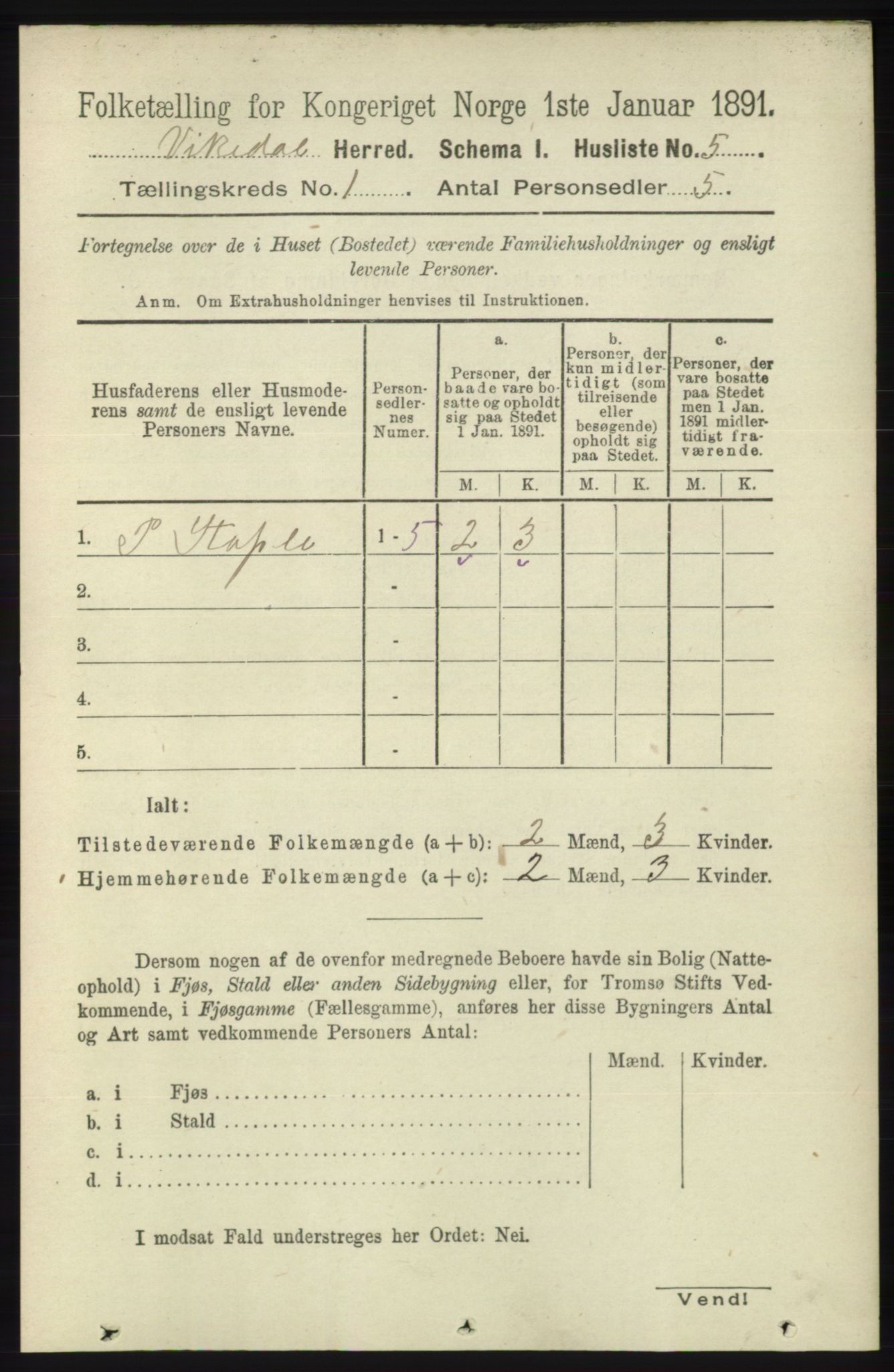 RA, 1891 census for 1157 Vikedal, 1891, p. 36