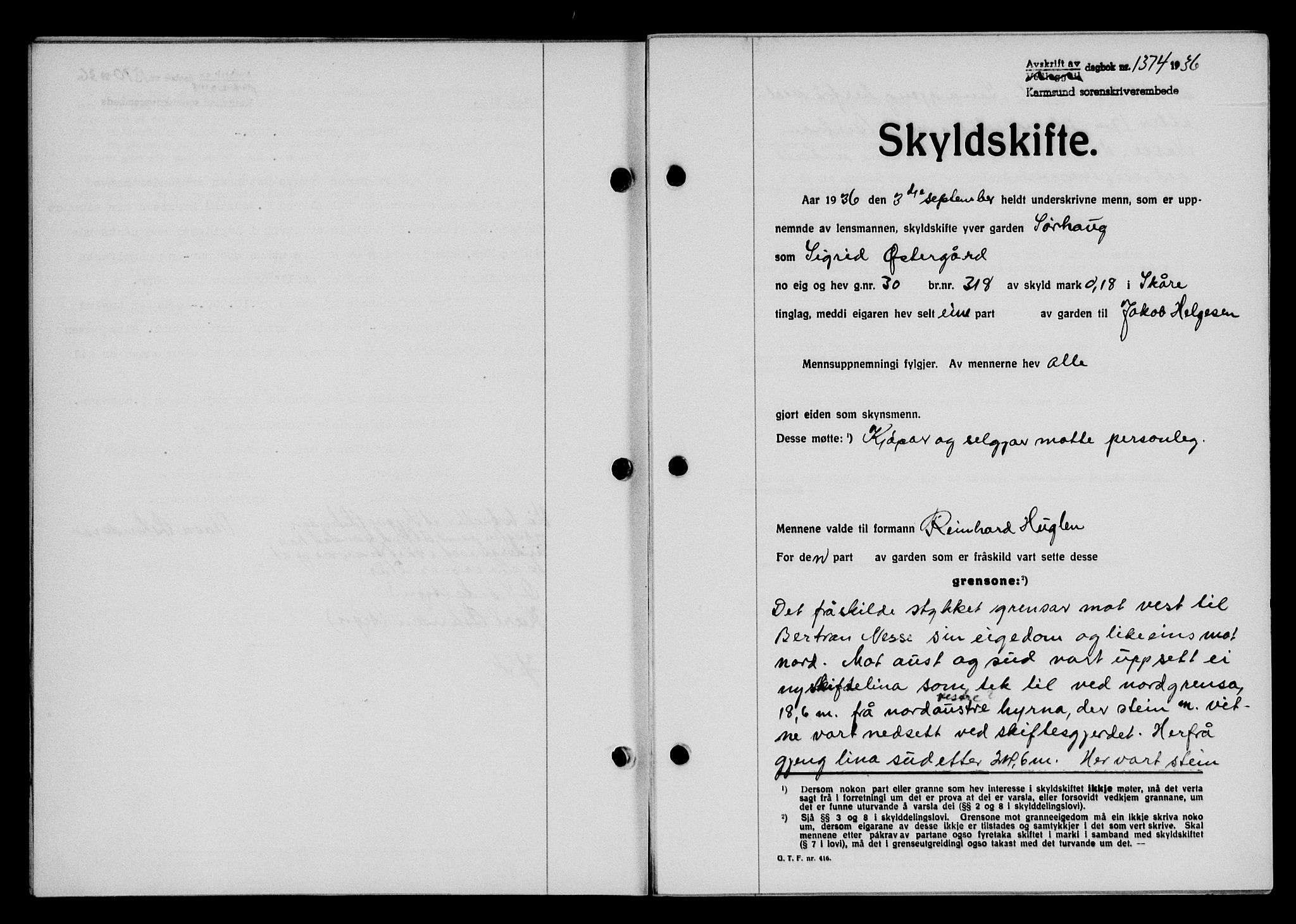 Karmsund sorenskriveri, SAST/A-100311/01/II/IIB/L0066: Mortgage book no. 47A, 1936-1936, Diary no: : 1374/1936