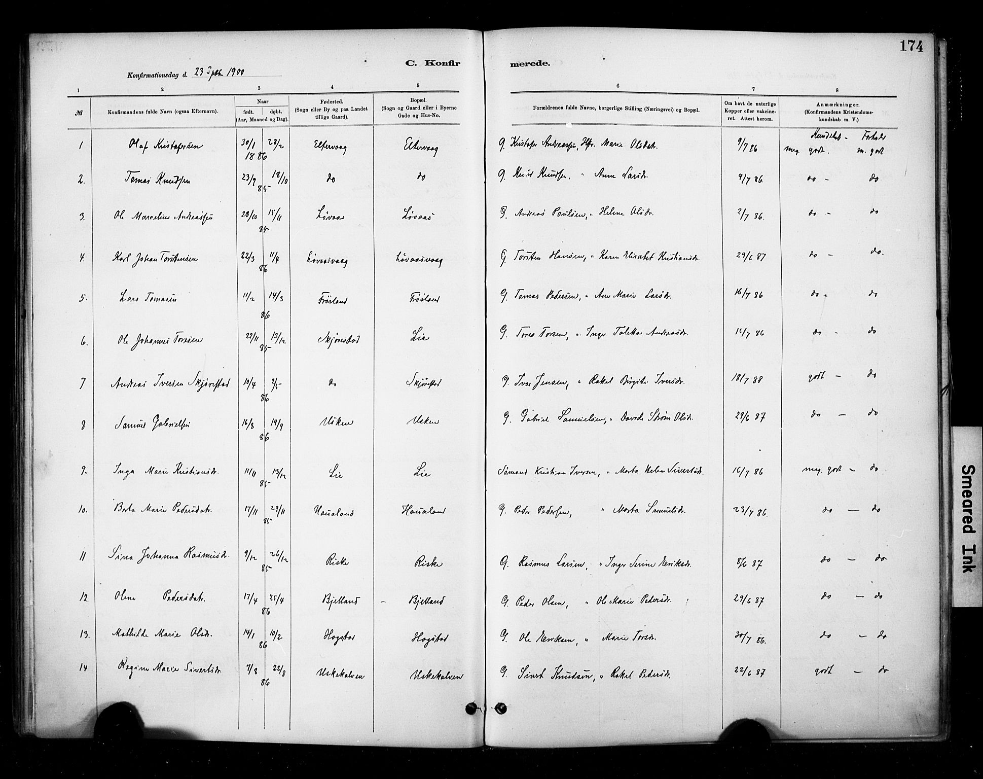 Hetland sokneprestkontor, SAST/A-101826/30/30BA/L0010: Parish register (official) no. A 10, 1882-1925, p. 174
