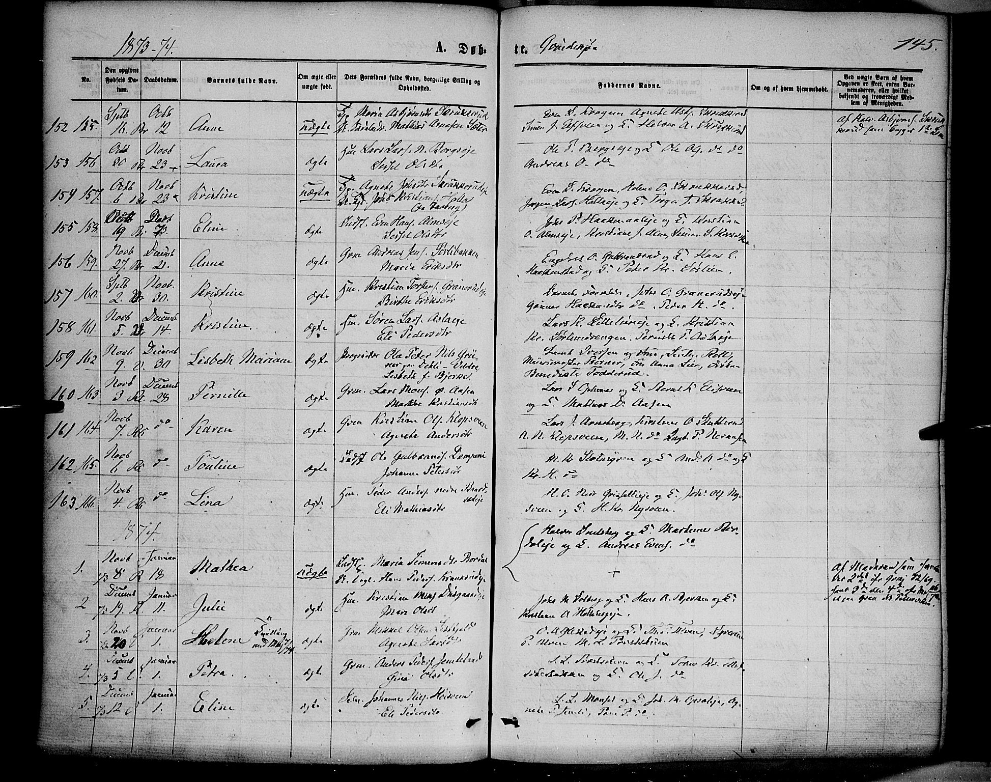 Ringsaker prestekontor, SAH/PREST-014/K/Ka/L0011: Parish register (official) no. 11, 1870-1878, p. 145