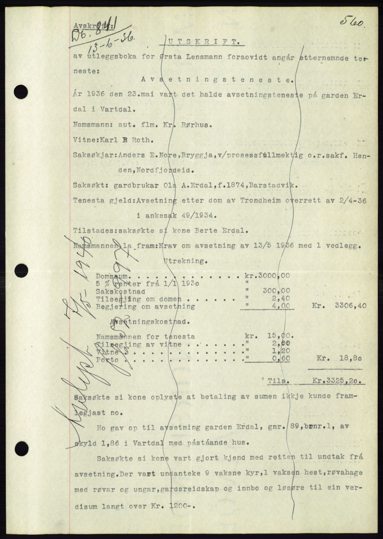 Søre Sunnmøre sorenskriveri, AV/SAT-A-4122/1/2/2C/L0060: Mortgage book no. 54, 1935-1936, Deed date: 15.06.1936