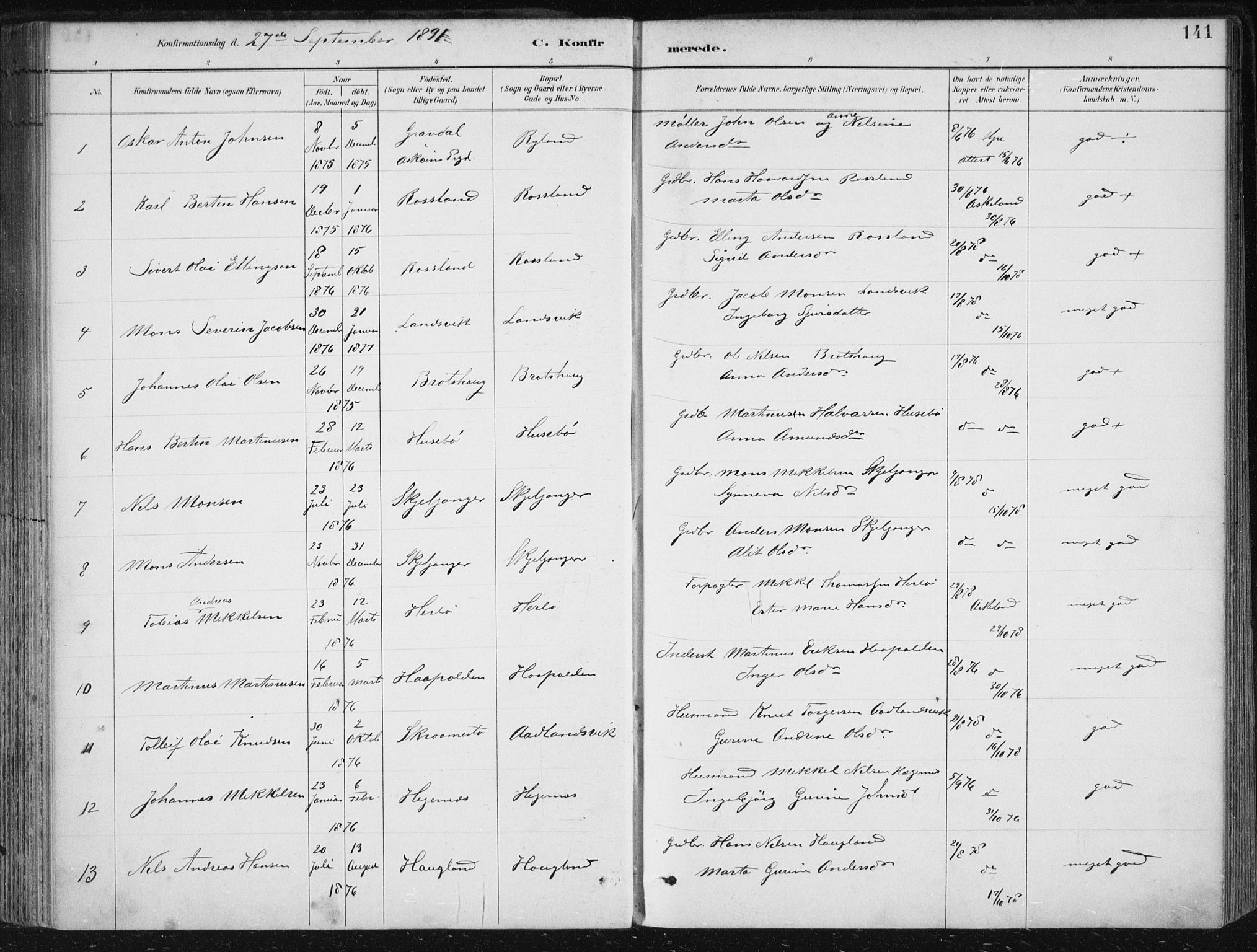 Herdla Sokneprestembete, SAB/A-75701/H/Haa: Parish register (official) no. A 4, 1891-1905, p. 141