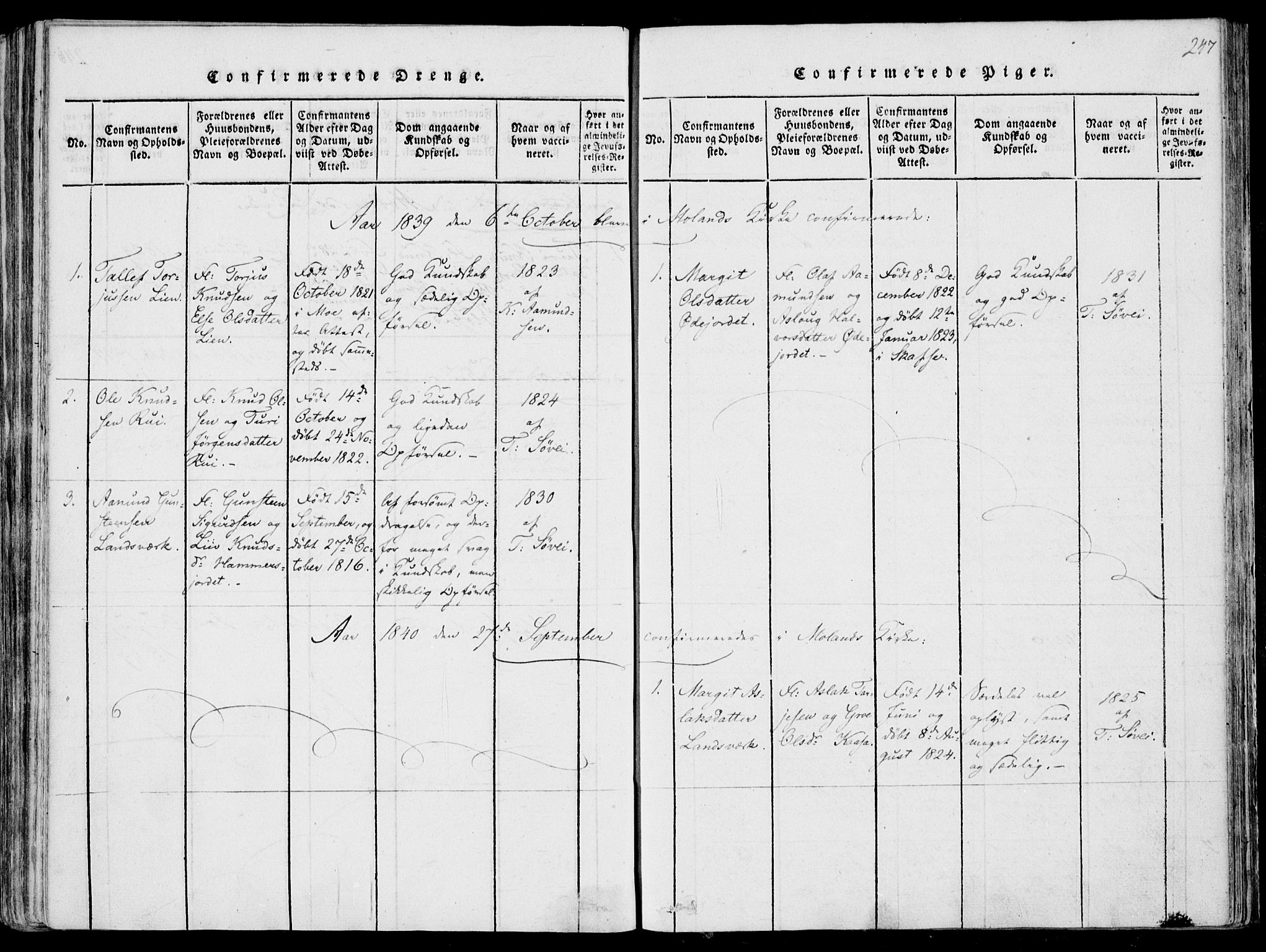 Fyresdal kirkebøker, SAKO/A-263/F/Fa/L0004: Parish register (official) no. I 4, 1815-1854, p. 247
