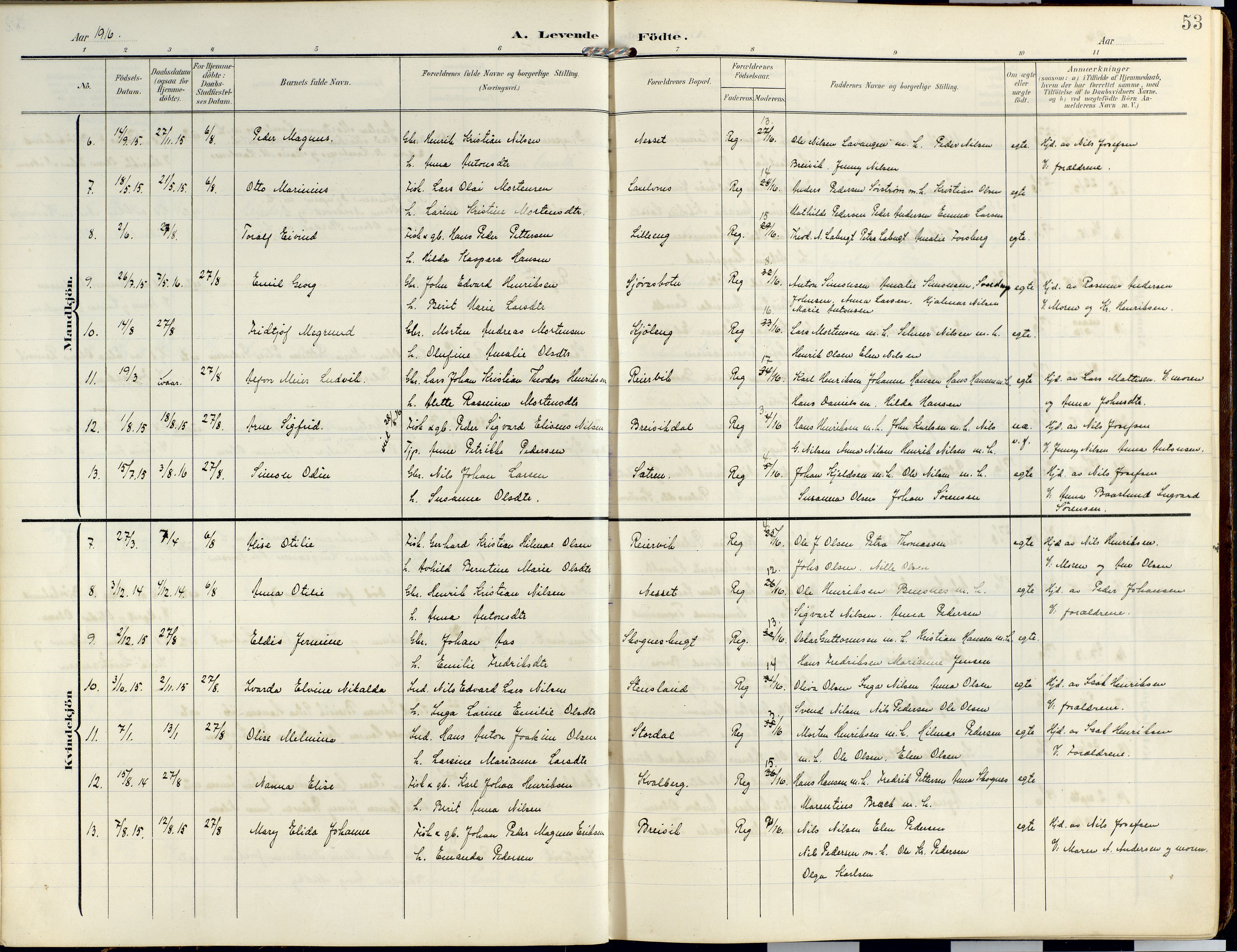 Lyngen sokneprestembete, SATØ/S-1289/H/He/Hea/L0014kirke: Parish register (official) no. 14, 1905-1920, p. 53