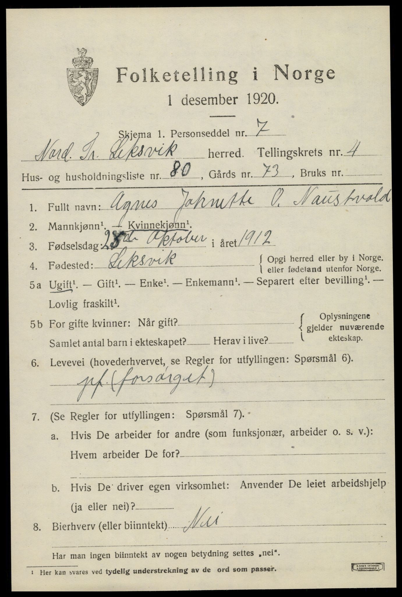 SAT, 1920 census for Leksvik, 1920, p. 4536