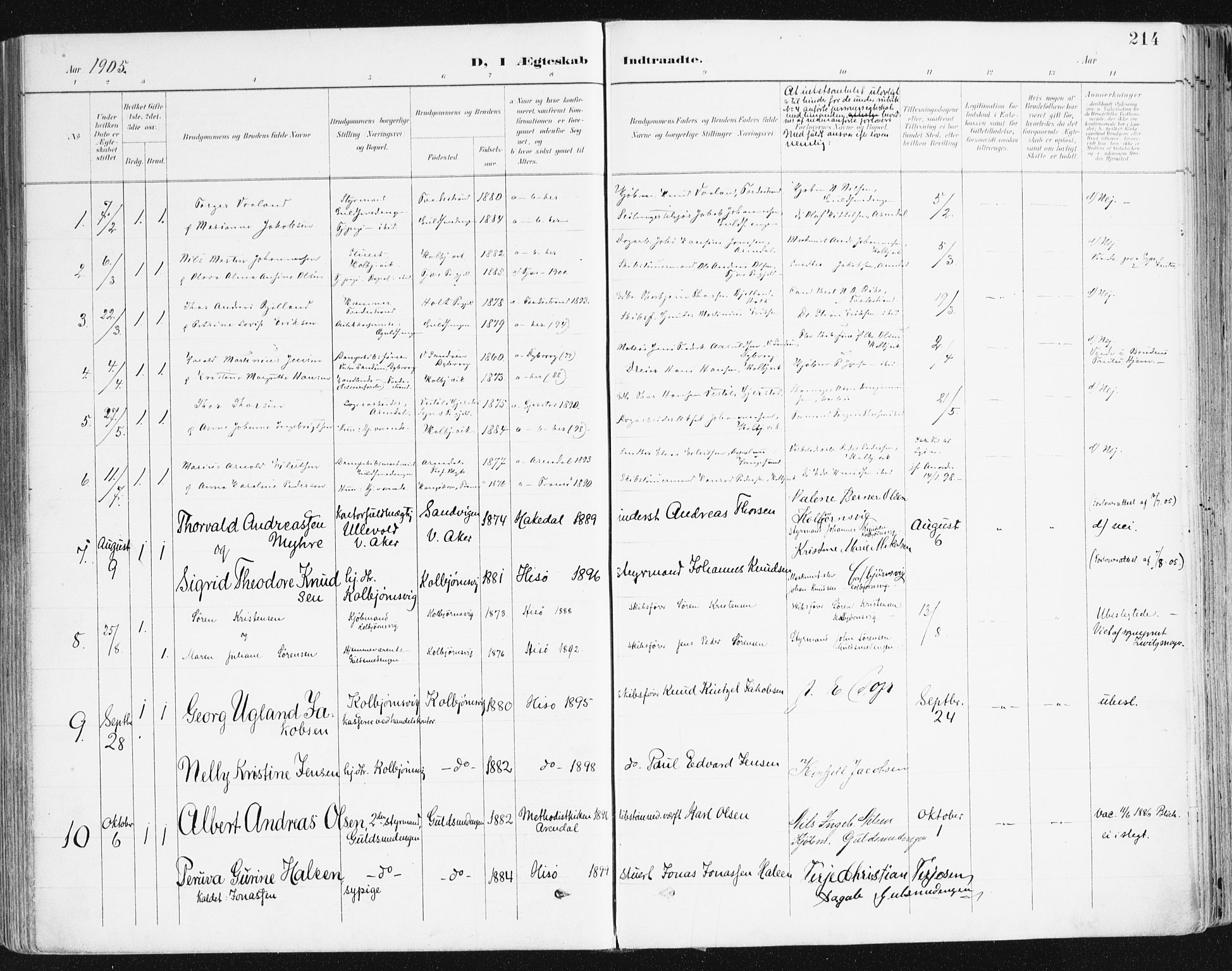Hisøy sokneprestkontor, SAK/1111-0020/F/Fa/L0004: Parish register (official) no. A 4, 1895-1917, p. 214