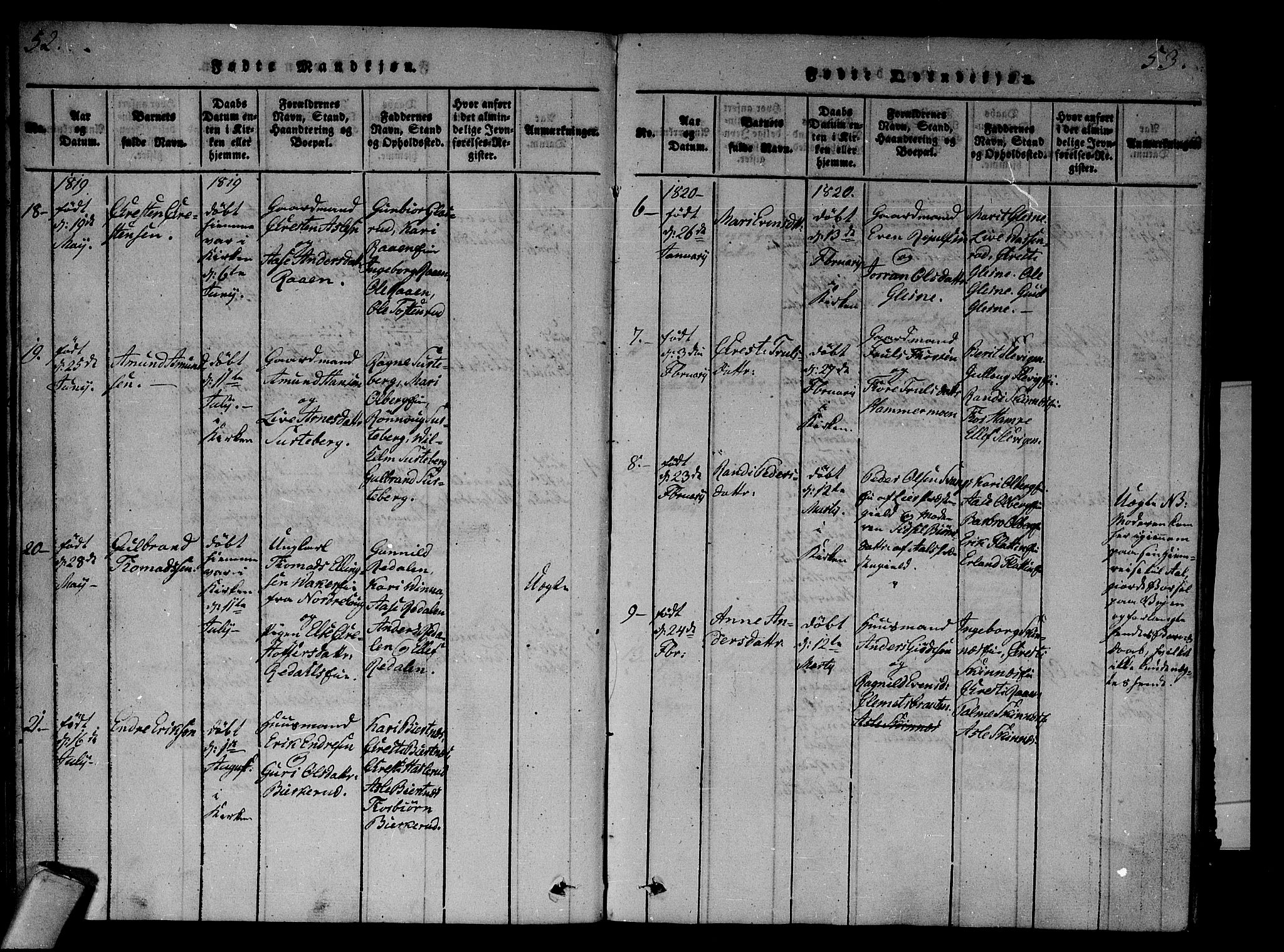 Krødsherad kirkebøker, AV/SAKO-A-19/F/Fa/L0001: Parish register (official) no. 1, 1815-1829, p. 52-53