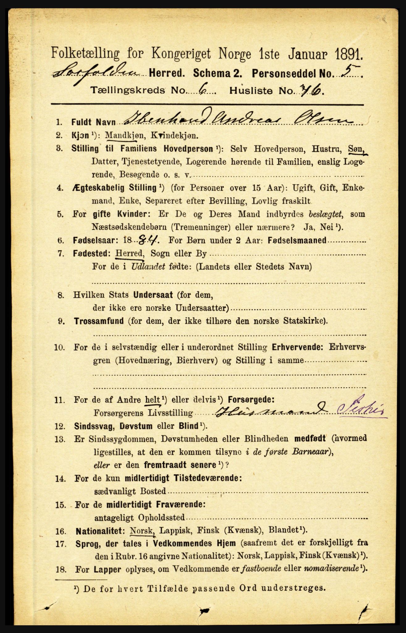 RA, 1891 census for 1845 Sørfold, 1891, p. 2146