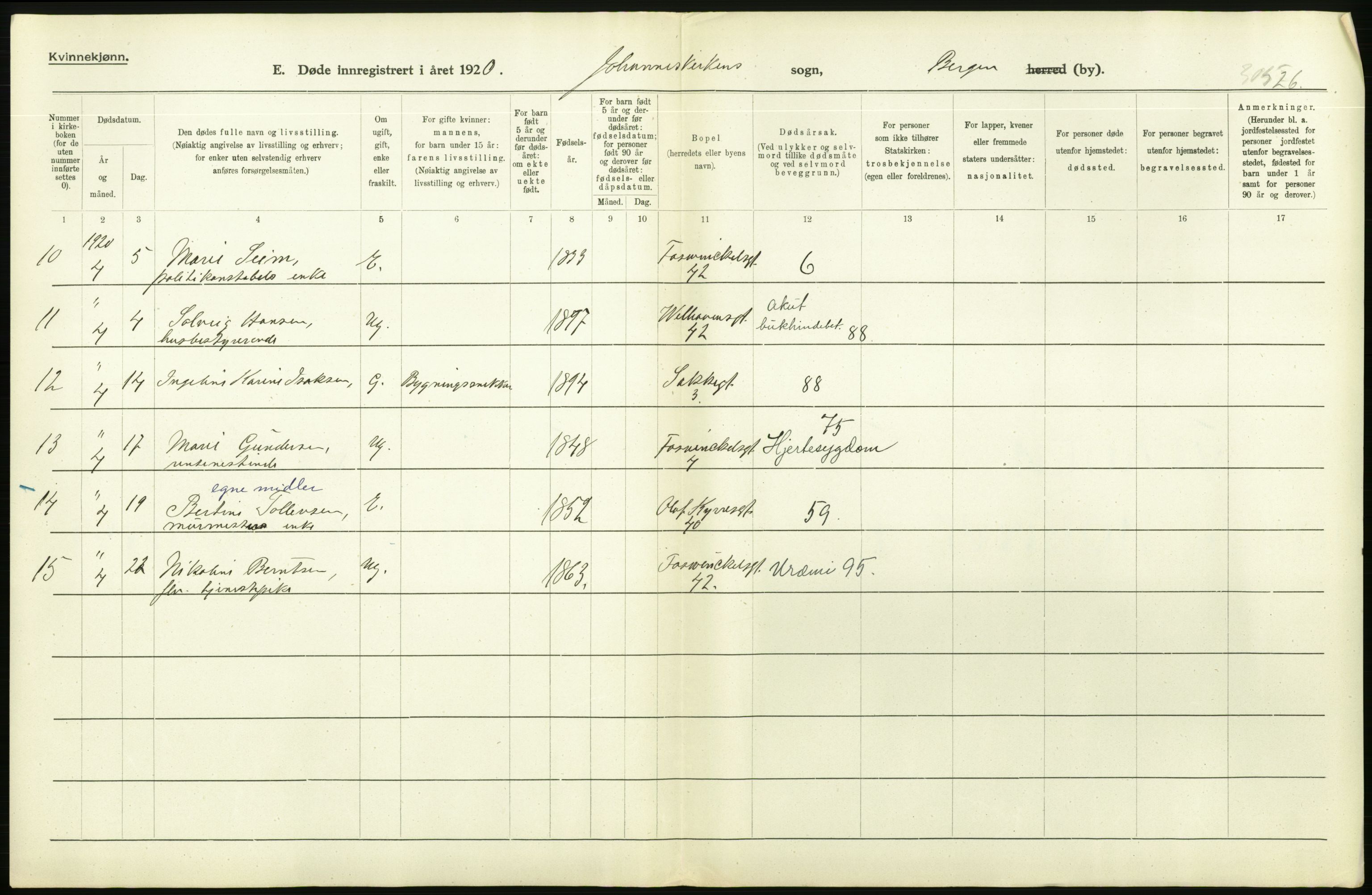 Statistisk sentralbyrå, Sosiodemografiske emner, Befolkning, AV/RA-S-2228/D/Df/Dfb/Dfbj/L0042: Bergen: Gifte, døde, dødfødte., 1920, p. 608