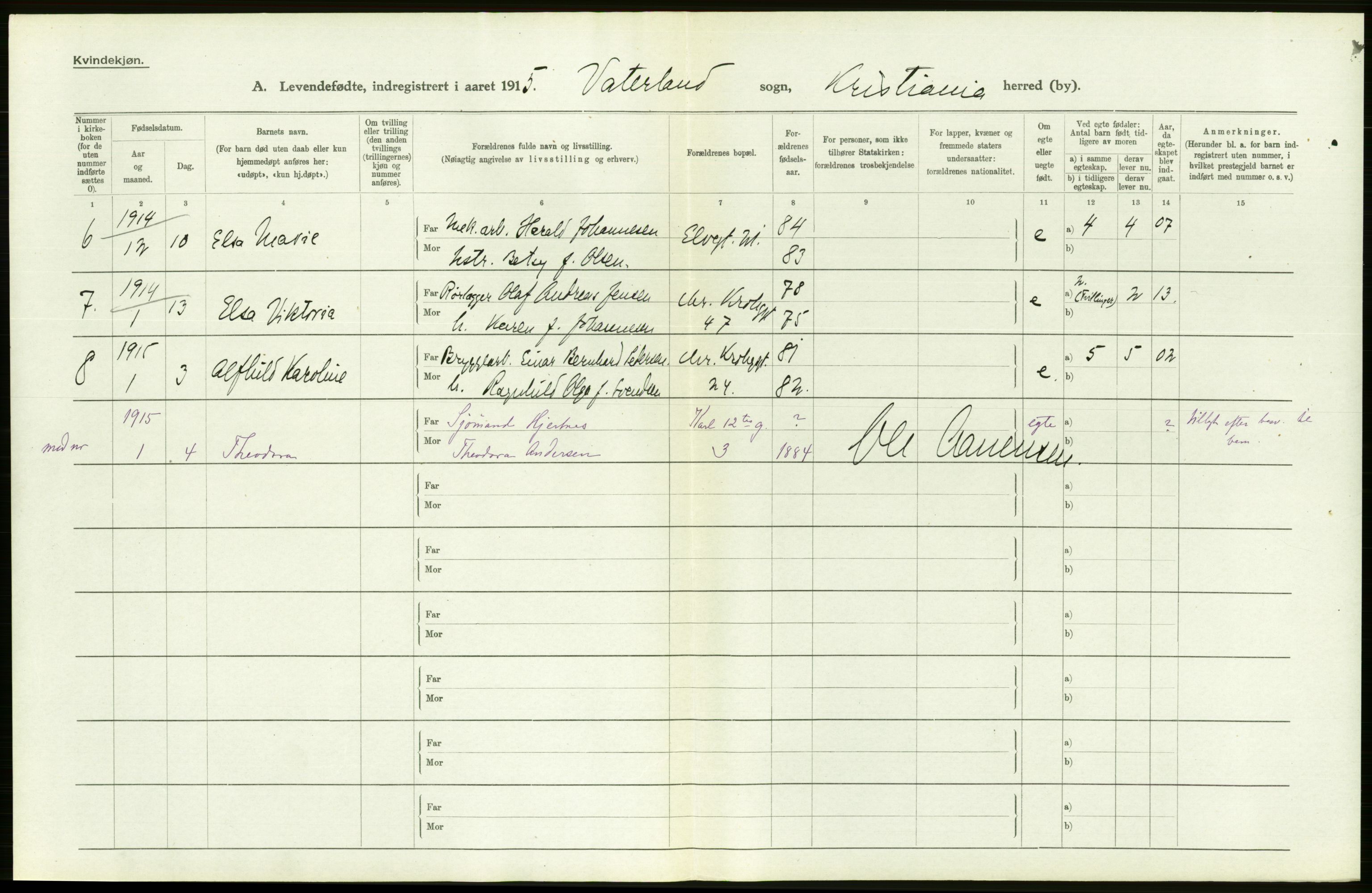 Statistisk sentralbyrå, Sosiodemografiske emner, Befolkning, AV/RA-S-2228/D/Df/Dfb/Dfbe/L0006: Kristiania: Levendefødte menn og kvinner., 1915, p. 342